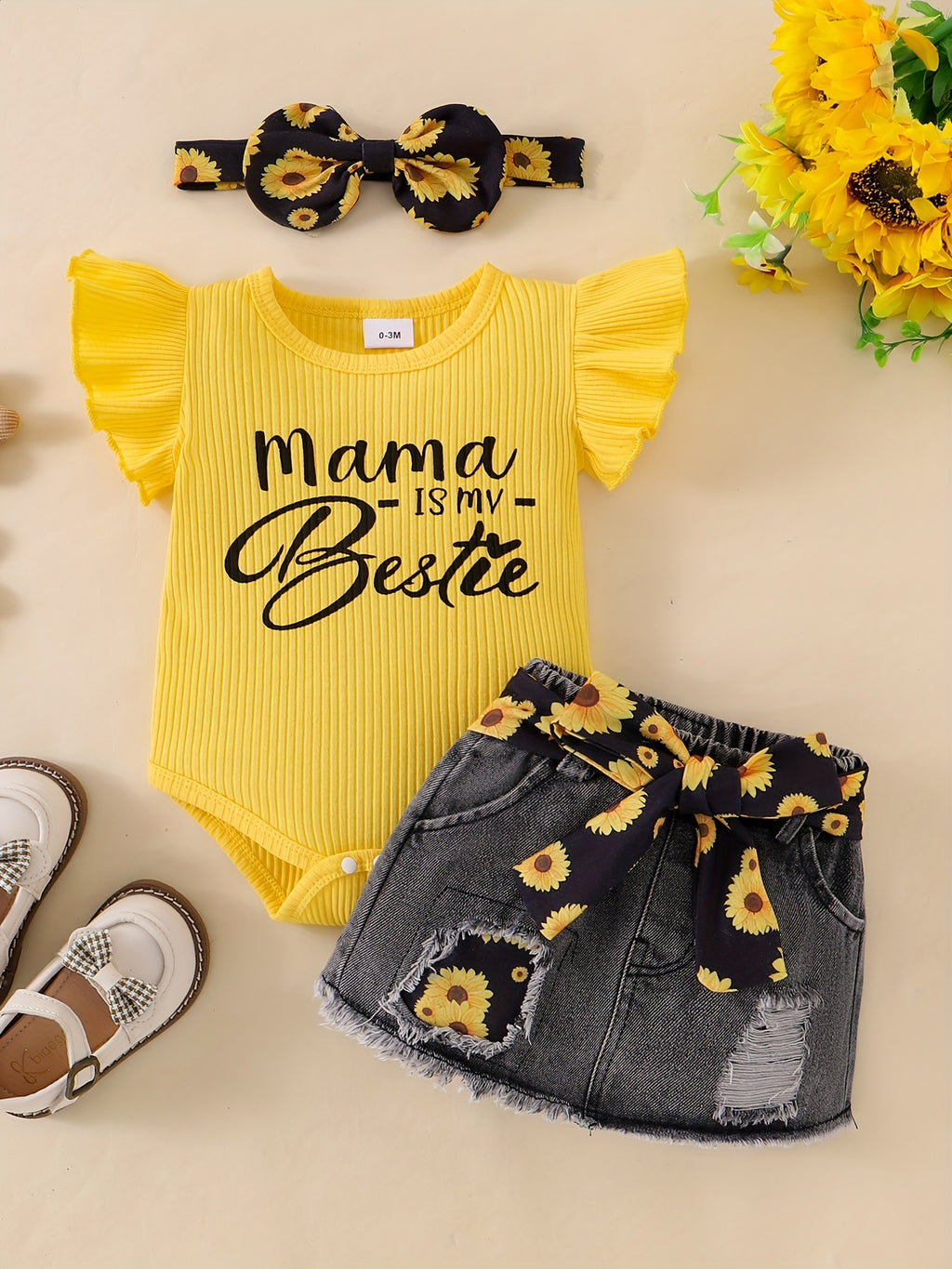 Baby Girl Clothes Newborn Romper Ruffle Sleeve Short Jeans Skirt With Headband Infant Outfits Set 0-18 Months, for Outdoor