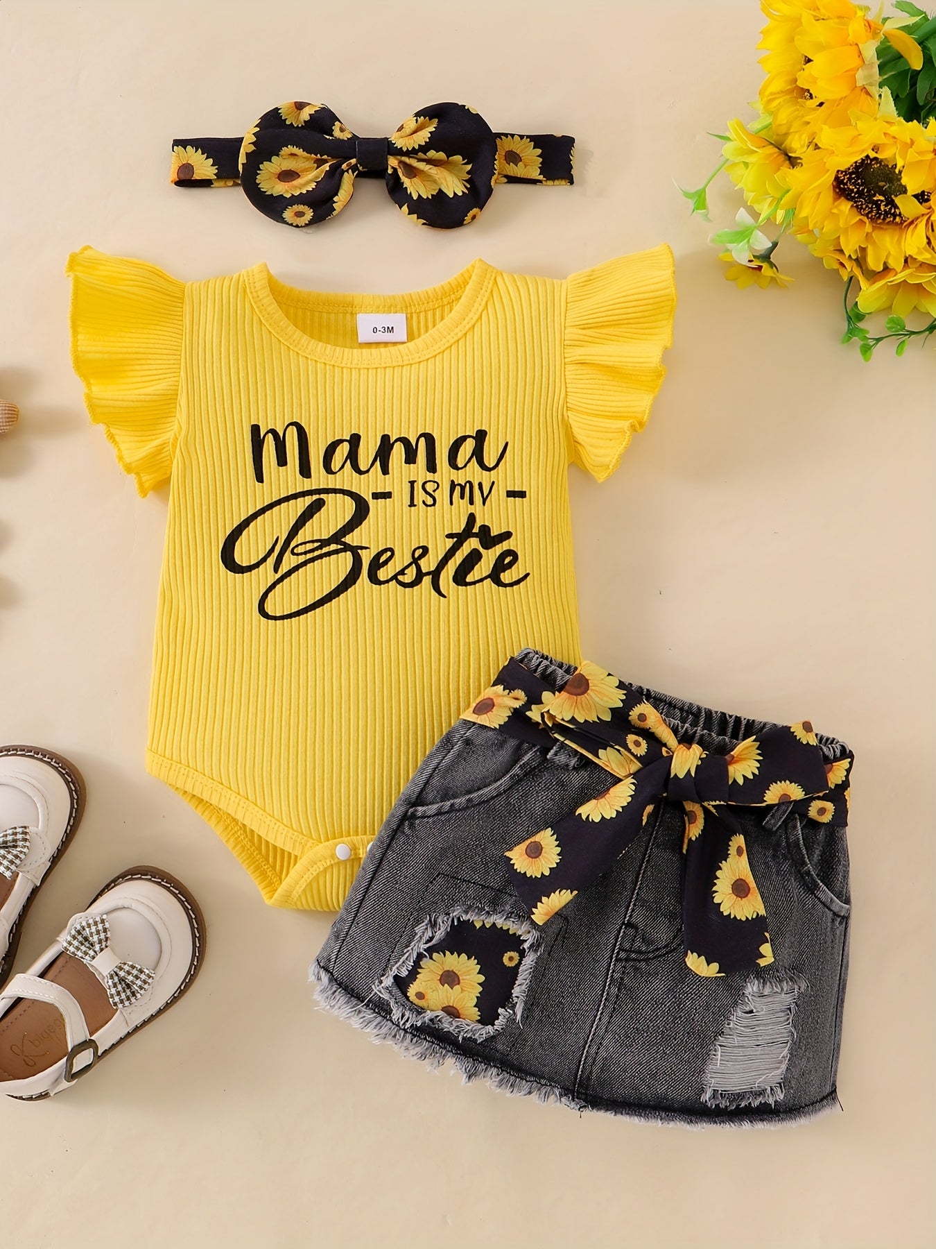 Baby Girl Clothes Newborn Romper Ruffle Sleeve Short Jeans Skirt With Headband Infant Outfits Set 0-18 Months, for Outdoor