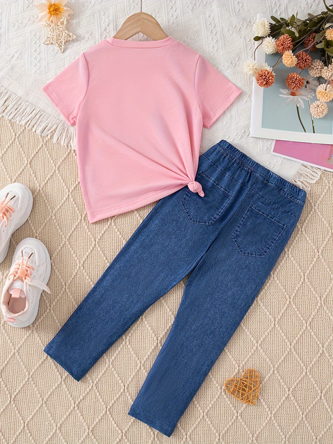 2pcs, Girls Heart Graphic T-shirt + Imitation Denim Print Pants Set Casual Outfits For Girls Outdoor Gift