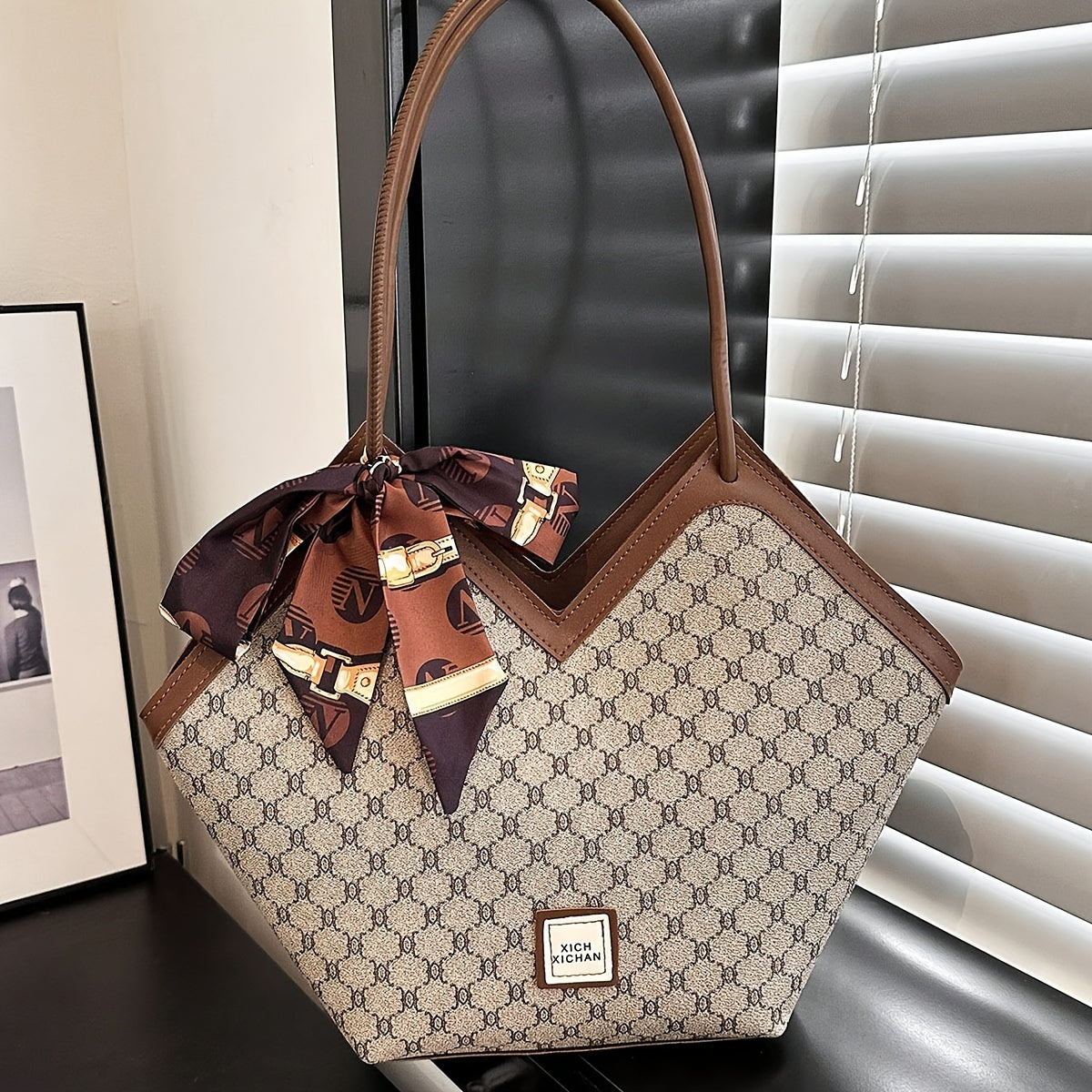 LABOONOO Women'S Vintage-Inspired Tote Bag with Scarf - Elegant, Large Capacity, Zip Closure, Grey & Beige Pattern, Perfect for Casual or Retro Outfits