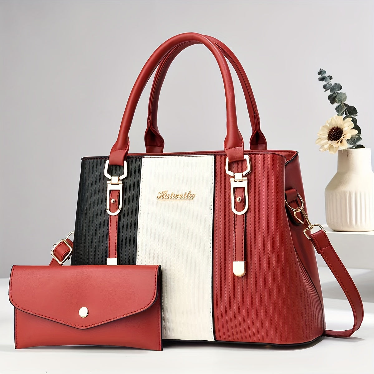 Stylish Colorblock Chic Tote Bag - Fashionable Shoulder & Crossbody Handbag with Detachable Strap, Zip Closure, Polyester Lined Interior, and Spacious Compartments for Organization - For Women - Perfect for Work, Shopping, Tr