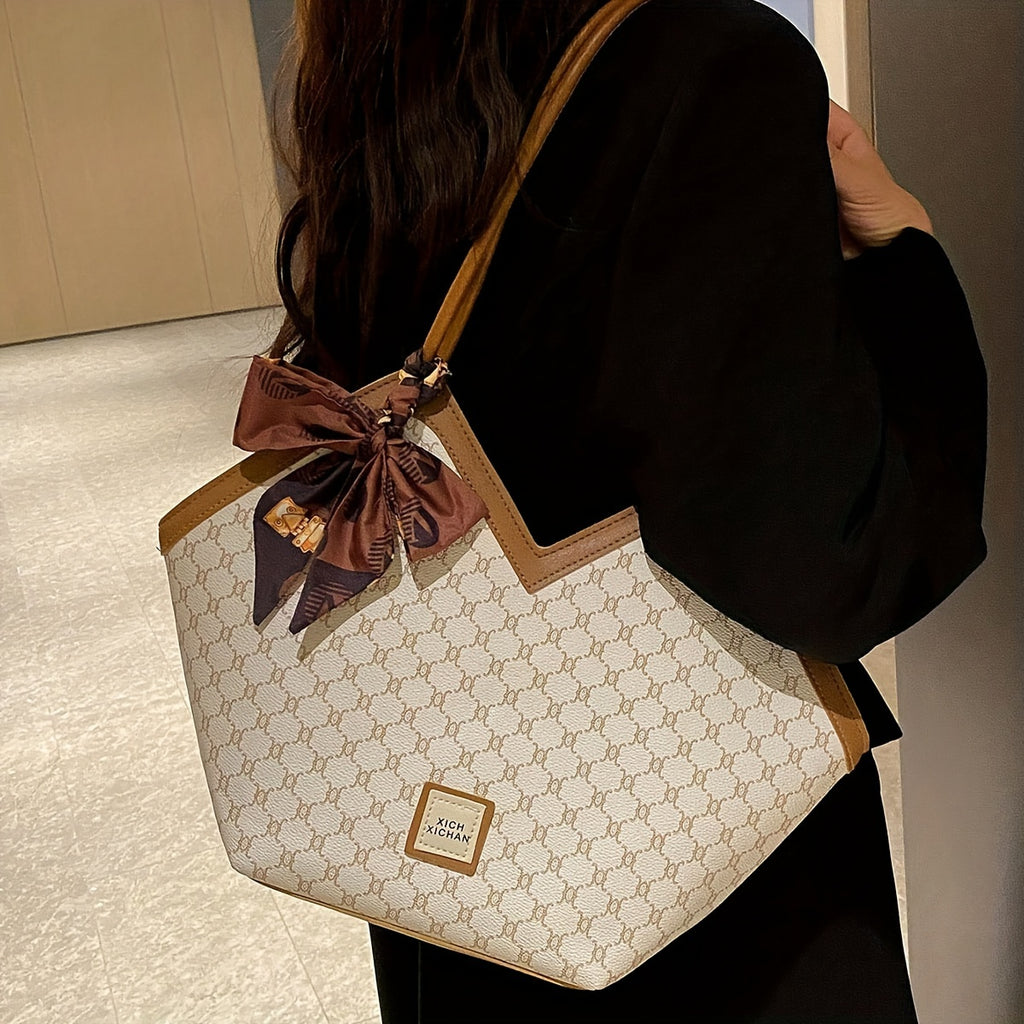 LABOONOO Women'S Vintage-Inspired Tote Bag with Scarf - Elegant, Large Capacity, Zip Closure, Grey & Beige Pattern, Perfect for Casual or Retro Outfits