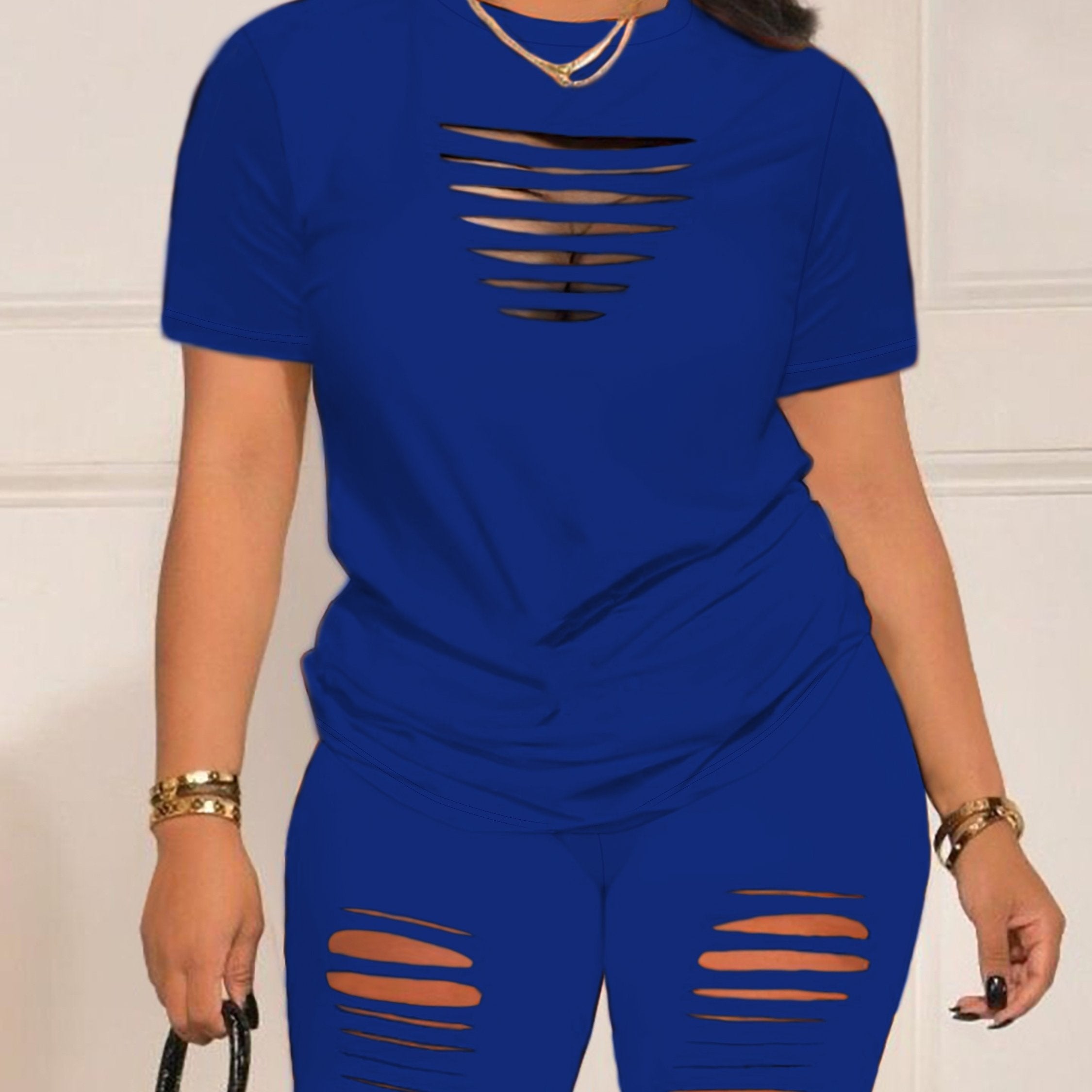 Summer Shorts Set - Pantsuits for Women, Crew Neck Short Sleeve Top & Shorts Outfits, Ripped Casual Clothing for Spring and Summer, Comfortable and Stylish Women's Clothing