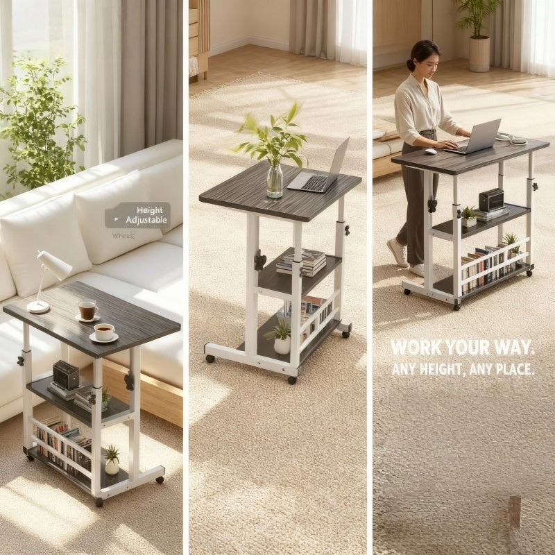 Height-Adjustable Mobile Table with Lockable Wheels, Reinforced Frame Folding Side Table, Black And White Handmade Art Workstation, Small Space Storage Table for Bedroom, Living Room, Or Study, Ideal Gift for Crafters, Artist