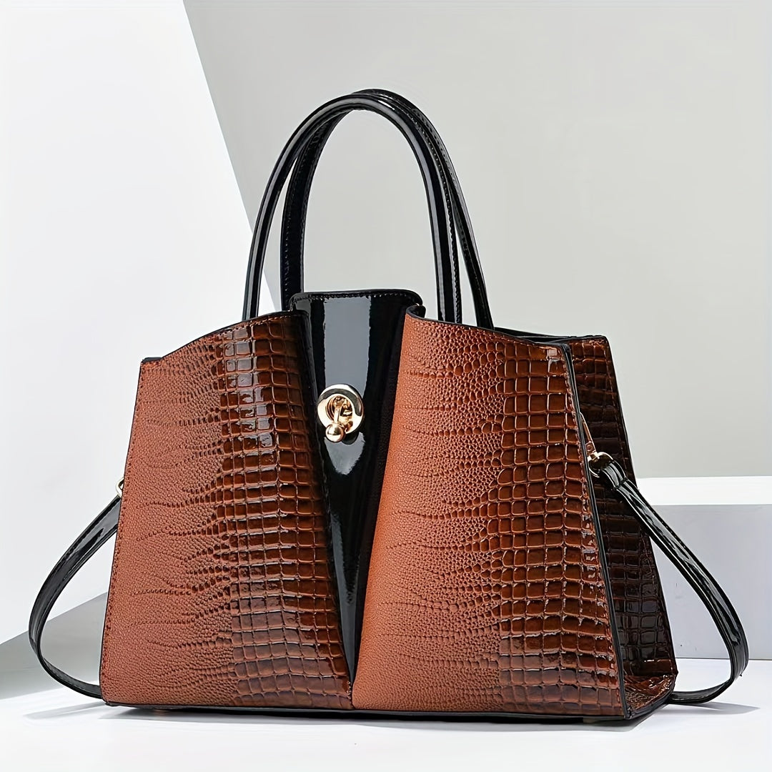 Large Capacity Crocodile Pattern Tote Bag, Luxury & Elegant Style PU Leather Handbag For Daily Outfits