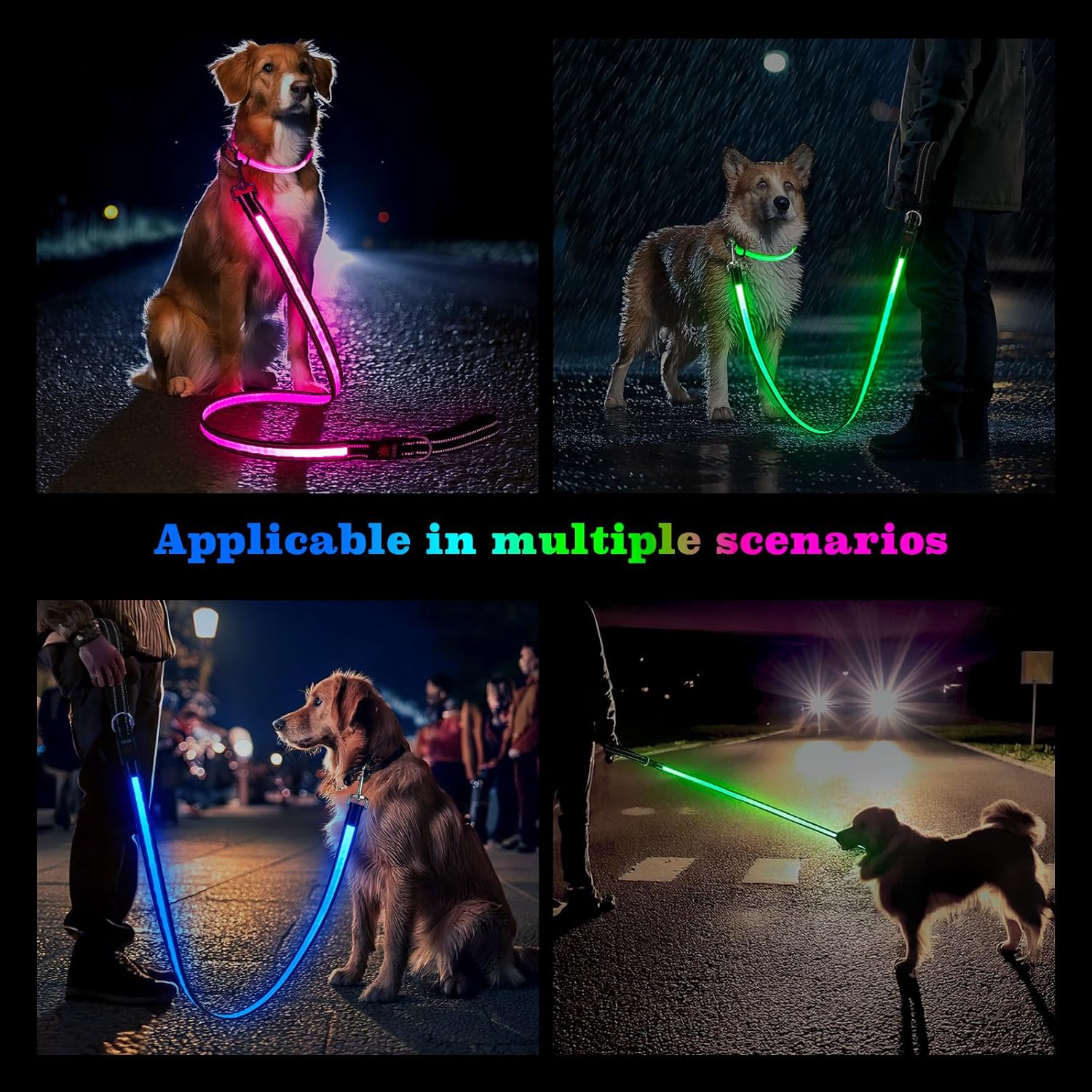 2pcs-4 Feet LED Light-Up Dog Leash and Dog Collar | 7 Lighting Modes, Night Light, Reflective, Double-Sided Light-Up, Rechargeable, with Soft Padded Handle, Safe for Nighttime Dog Walking, Suitable for Small to Large Pets: Pe
