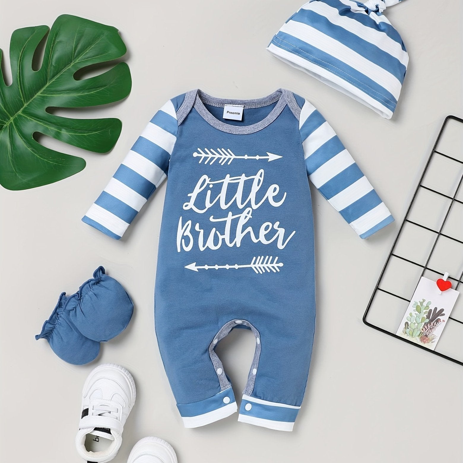 4pcs Infant Baby Boys LITTLE BROTHER Letter Pattern Long Sleeve One-piece Romper & Hat & Gloves Set, Newborn Outfits Gift