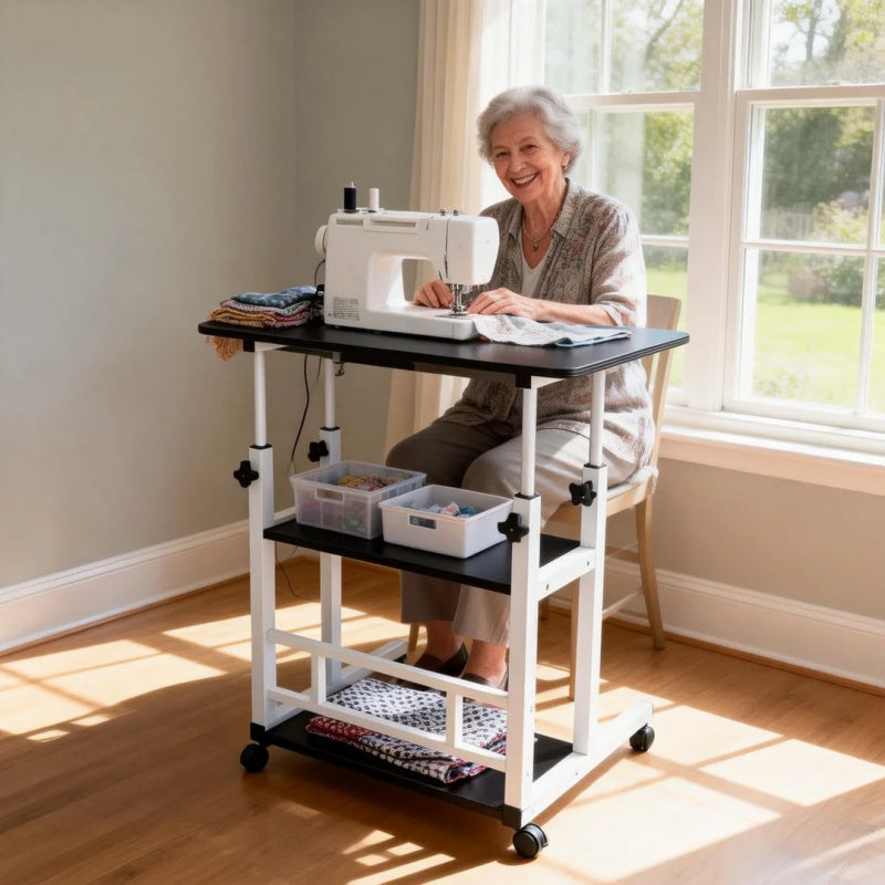 Height-Adjustable Mobile Table with Lockable Wheels, Reinforced Frame Folding Side Table, Black And White Handmade Art Workstation, Small Space Storage Table for Bedroom, Living Room, Or Study, Ideal Gift for Crafters, Artist