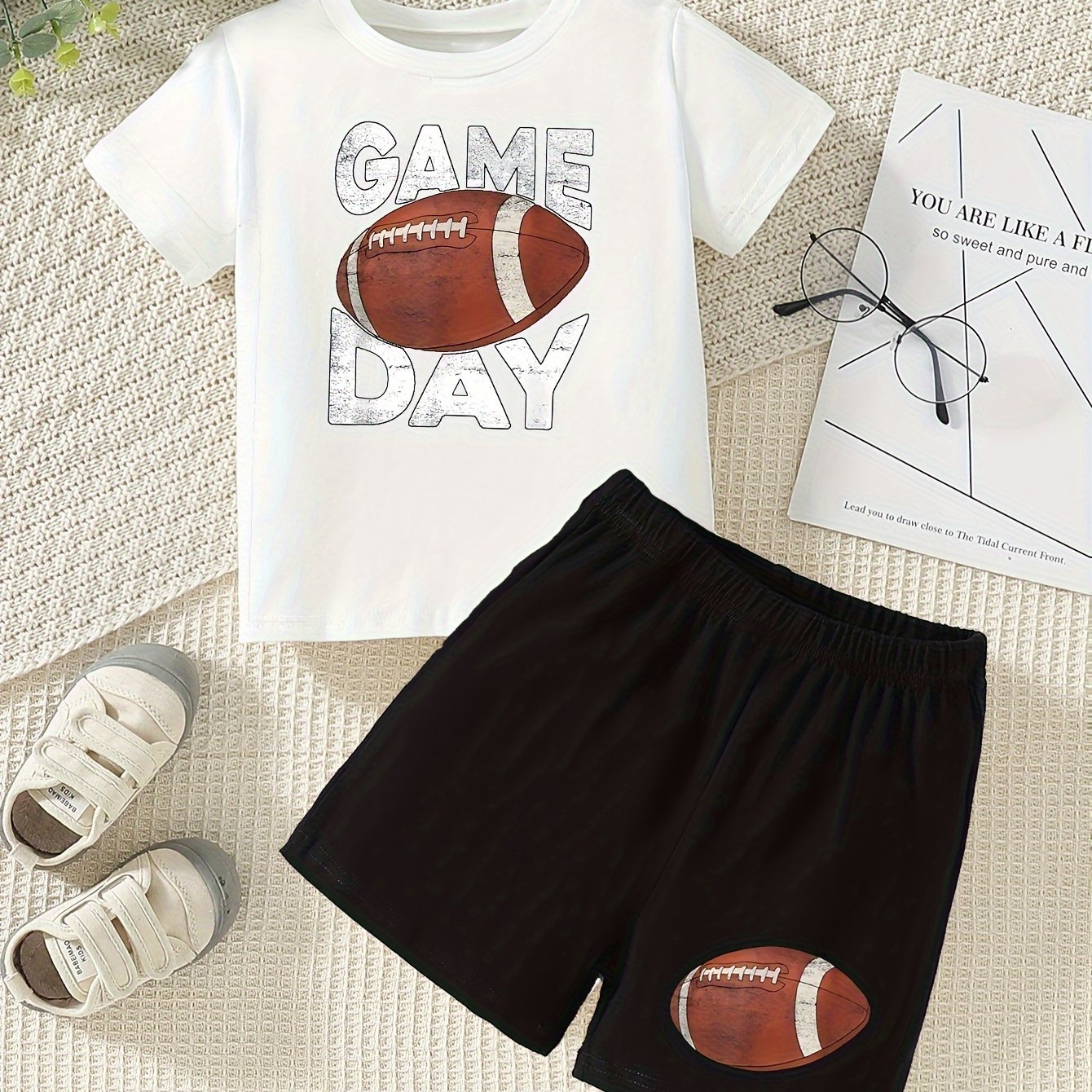 2pcs Cute Football GAME DAY Print Casual Short Sleeve T-shirt & Shorts Set For Boys & Baby Boys, Cool Comfortable Trendy Versatile Toddlers Boys Summer Outfits Clothes