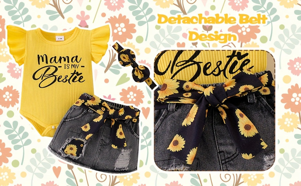 Baby Girl Clothes Newborn Romper Ruffle Sleeve Short Jeans Skirt With Headband Infant Outfits Set 0-18 Months, for Outdoor