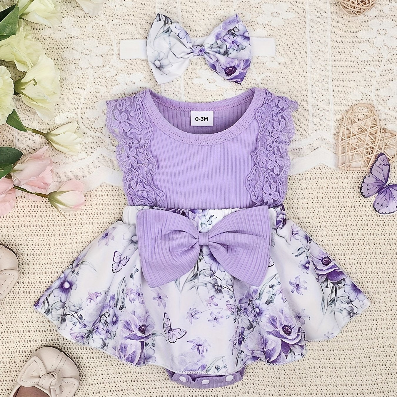 Baby Girl Dressy Romper Dress with Bow & Applique Detail