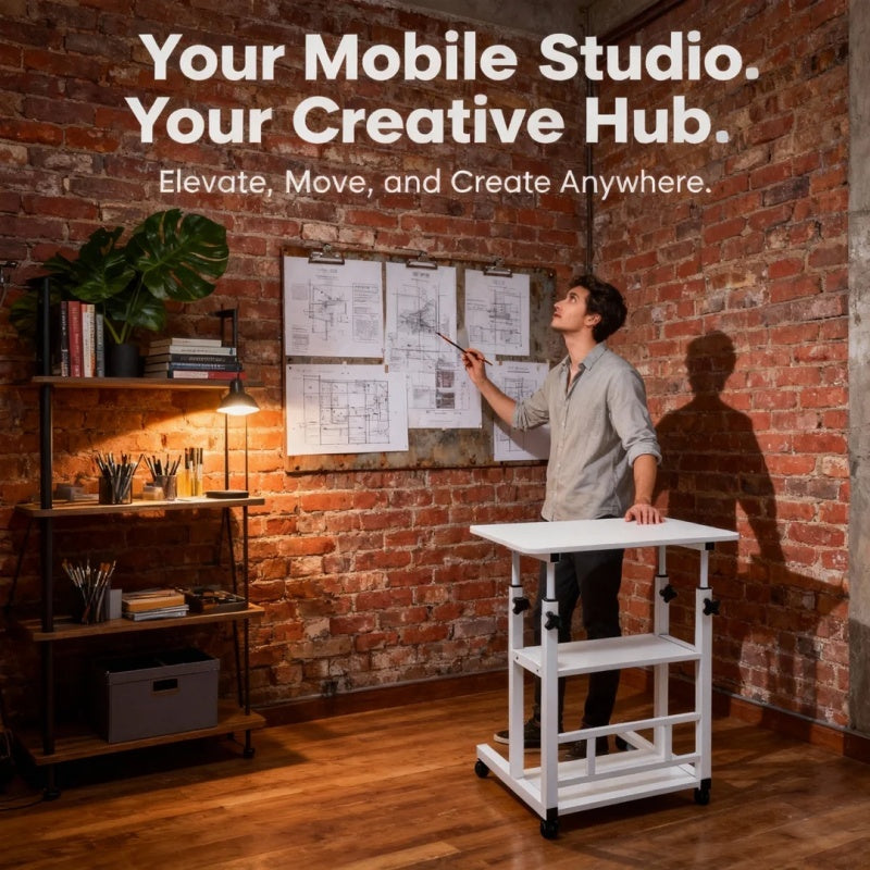 Height-Adjustable Mobile Table with Lockable Wheels, Reinforced Frame Folding Side Table, Black And White Handmade Art Workstation, Small Space Storage Table for Bedroom, Living Room, Or Study, Ideal Gift for Crafters, Artist