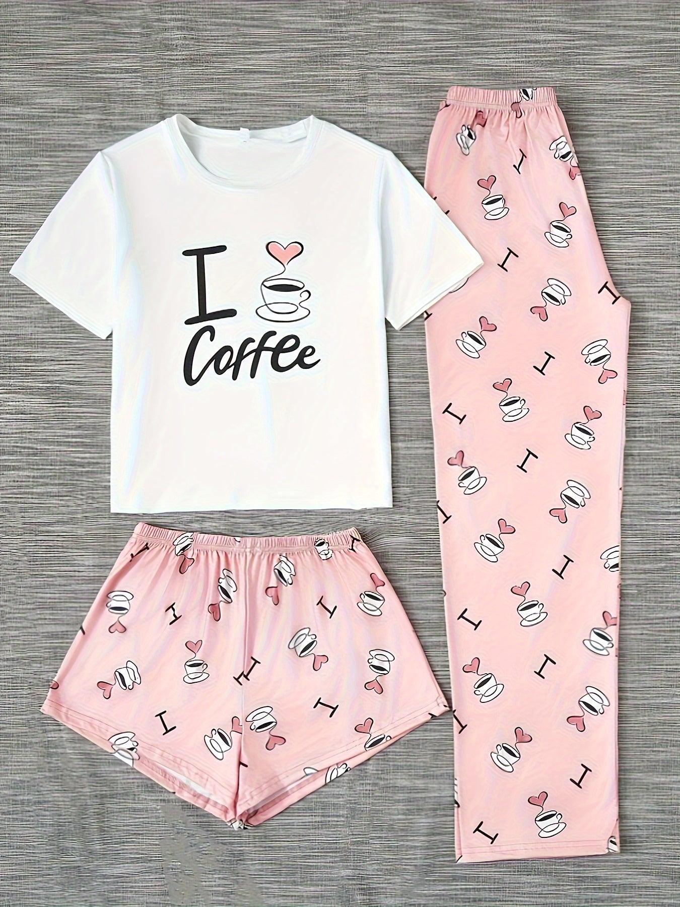 Women's Homewear Casual Coffee Print Cute Sweet Short Sleeve Shorts Pants Three-pcs Pajama Set