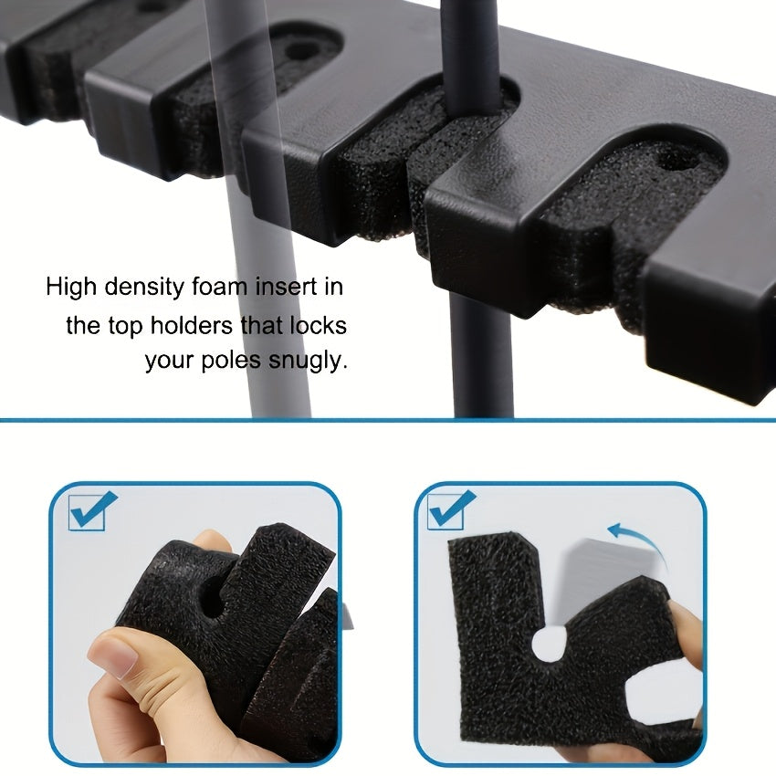 2pcs Black ABS Fishing Rod Holder - Wall-Mounted, High-Density Foam Grip Storage Box with Multiple Compartments for Garage and Sports Equipment Organization, Durable Foam Handle, Fishing Rod Rack