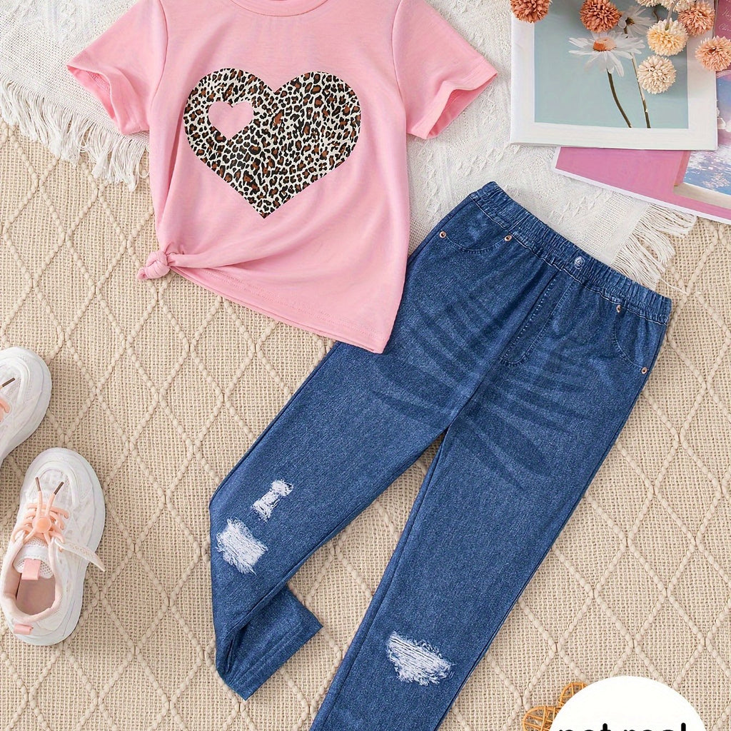 2pcs, Girls Heart Graphic T-shirt + Imitation Denim Print Pants Set Casual Outfits For Girls Outdoor Gift