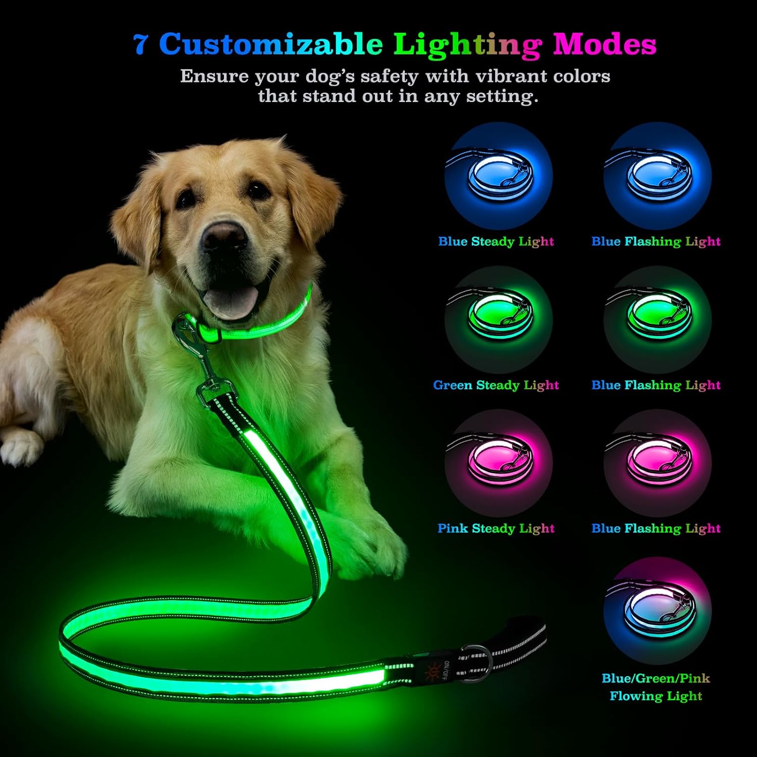 2pcs-4 Feet LED Light-Up Dog Leash and Dog Collar | 7 Lighting Modes, Night Light, Reflective, Double-Sided Light-Up, Rechargeable, with Soft Padded Handle, Safe for Nighttime Dog Walking, Suitable for Small to Large Pets: Pe