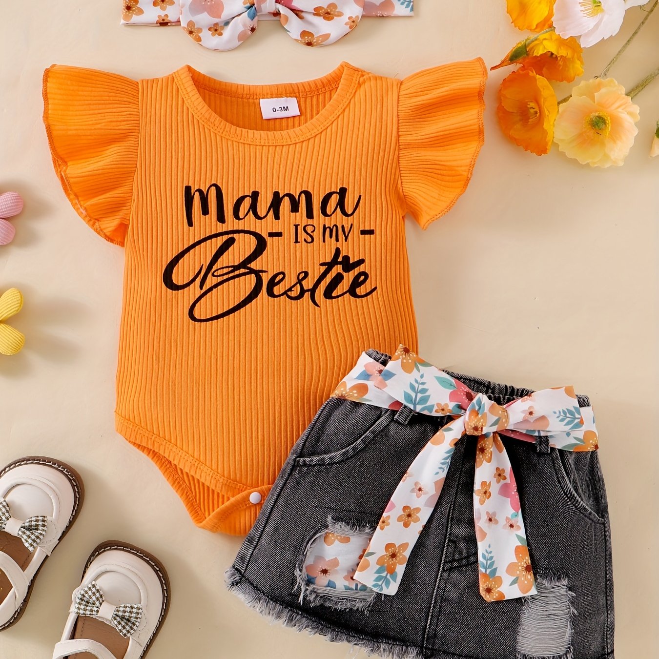 Baby Girl Clothes Newborn Romper Ruffle Sleeve Short Jeans Skirt With Headband Infant Outfits Set 0-18 Months, for Outdoor