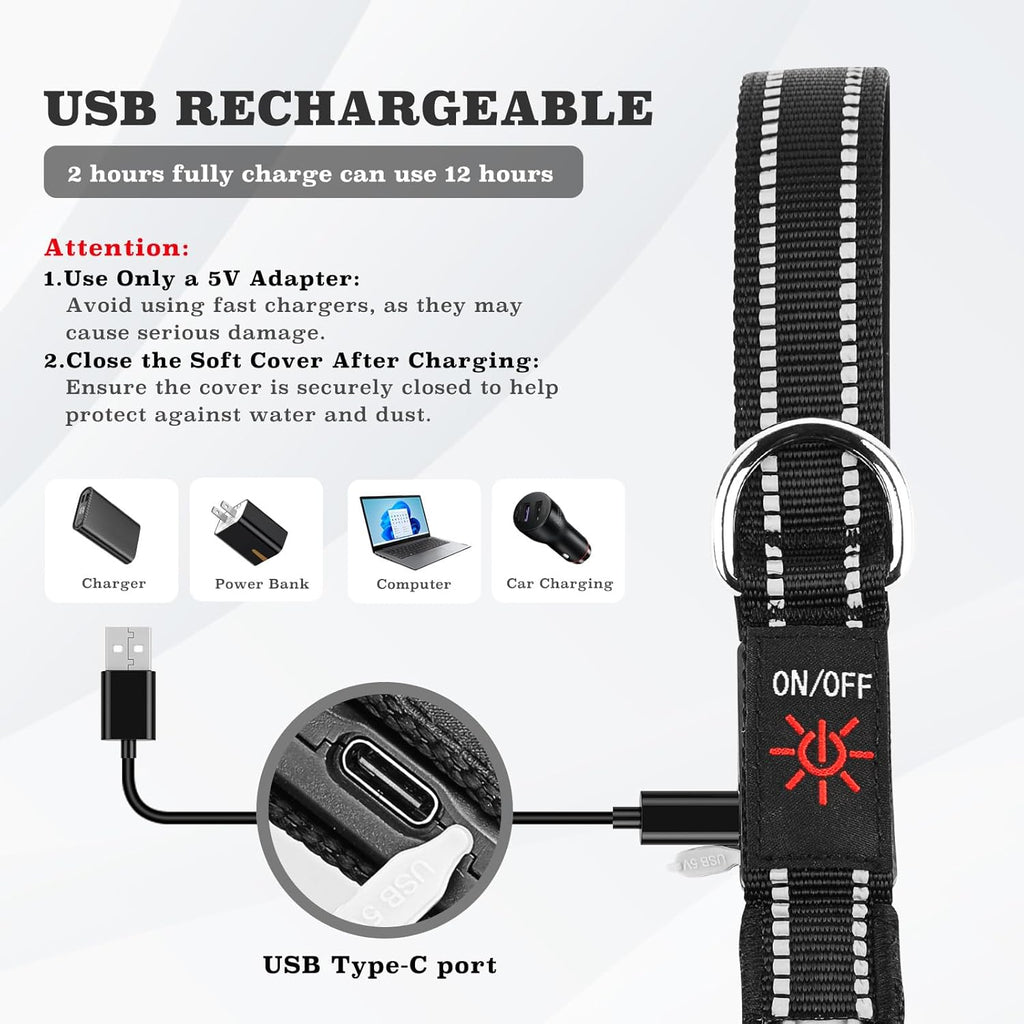 2pcs-4 Feet LED Light-Up Dog Leash and Dog Collar | 7 Lighting Modes, Night Light, Reflective, Double-Sided Light-Up, Rechargeable, with Soft Padded Handle, Safe for Nighttime Dog Walking, Suitable for Small to Large Pets: Pe