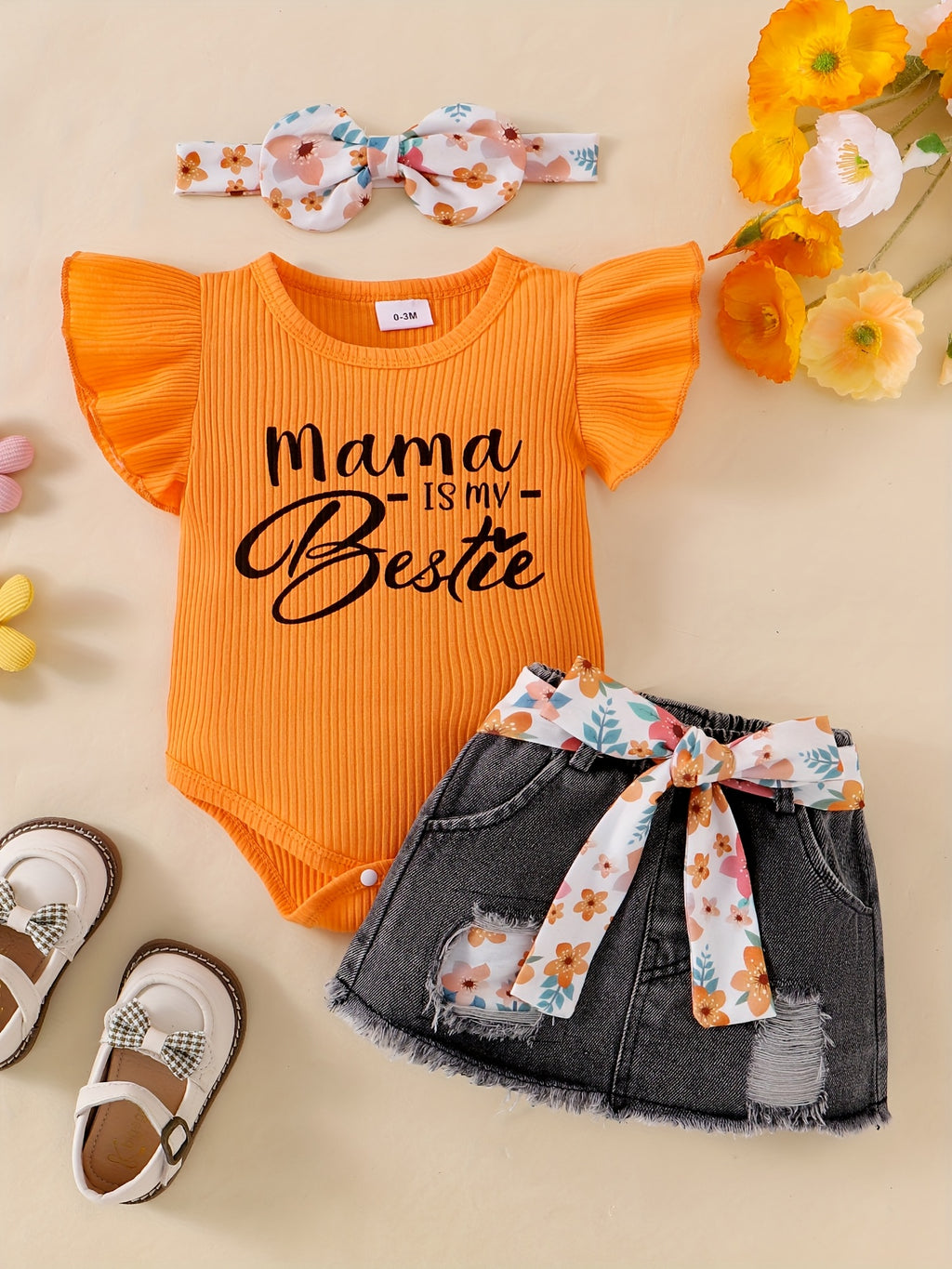 Baby Girl Clothes Newborn Romper Ruffle Sleeve Short Jeans Skirt With Headband Infant Outfits Set 0-18 Months, for Outdoor