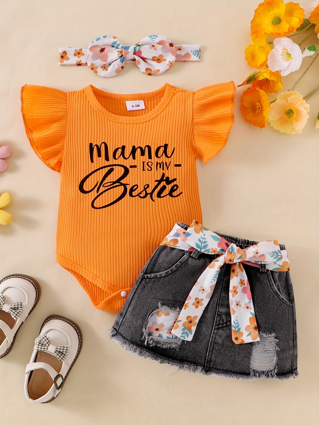 Baby Girl Clothes Newborn Romper Ruffle Sleeve Short Jeans Skirt With Headband Infant Outfits Set 0-18 Months, for Outdoor