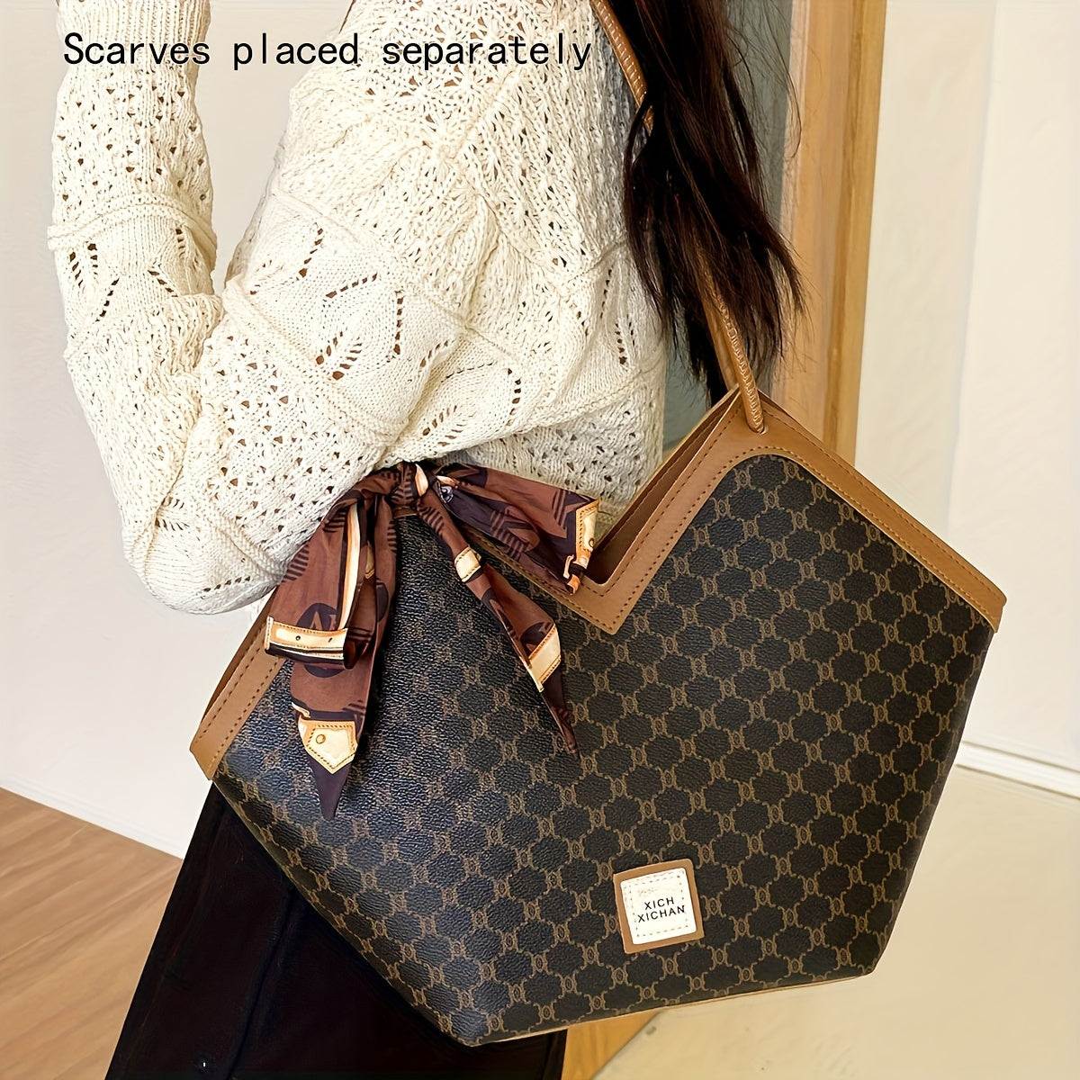 LABOONOO Women'S Vintage-Inspired Tote Bag with Scarf - Elegant, Large Capacity, Zip Closure, Grey & Beige Pattern, Perfect for Casual or Retro Outfits
