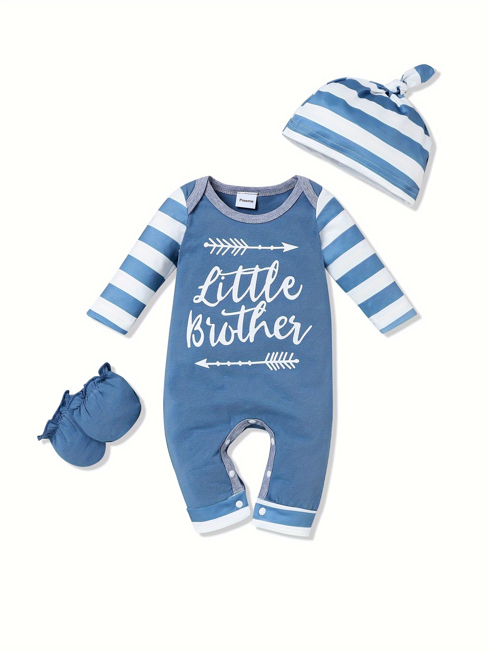 4pcs Infant Baby Boys LITTLE BROTHER Letter Pattern Long Sleeve One-piece Romper & Hat & Gloves Set, Newborn Outfits Gift