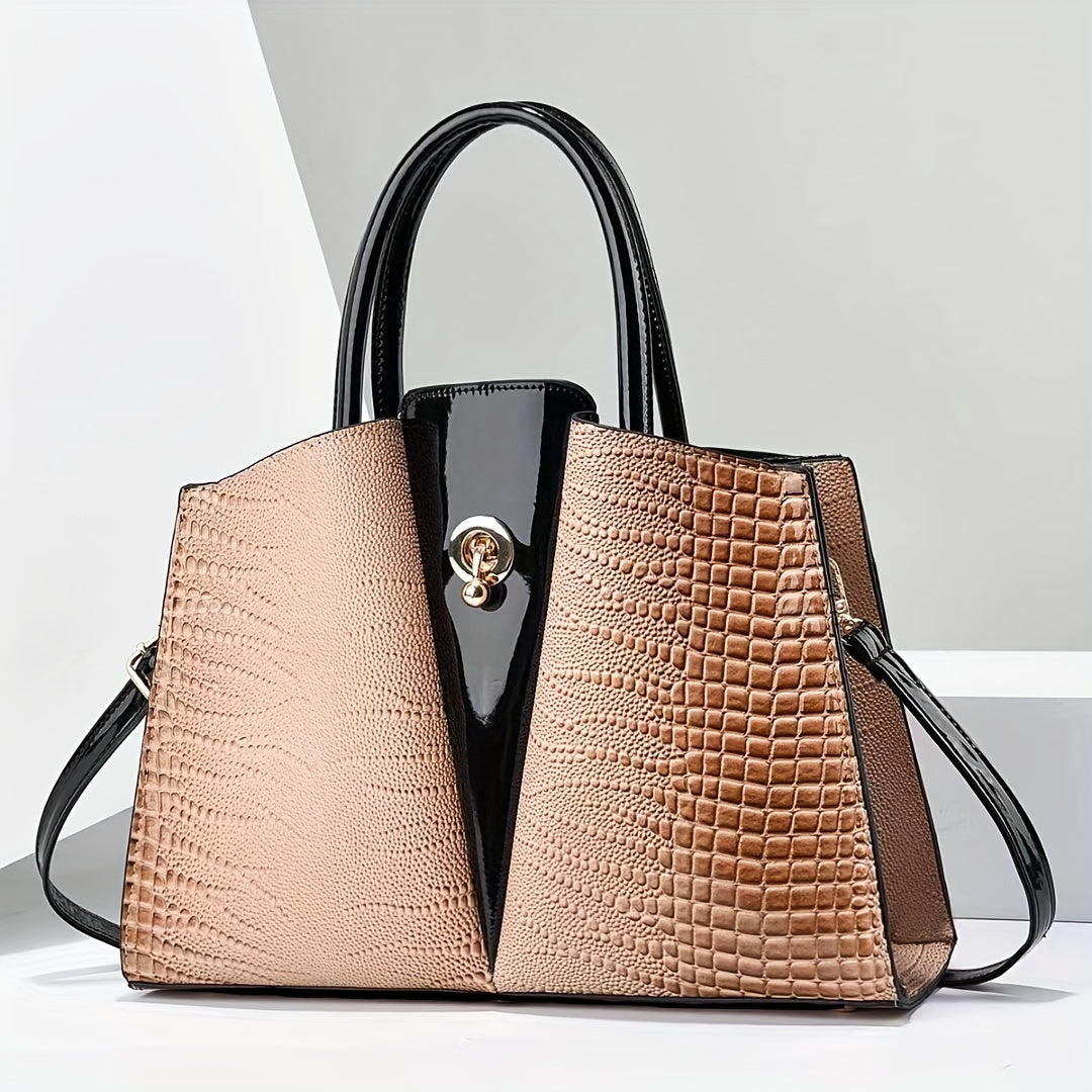 Large Capacity Crocodile Pattern Tote Bag, Luxury & Elegant Style PU Leather Handbag For Daily Outfits