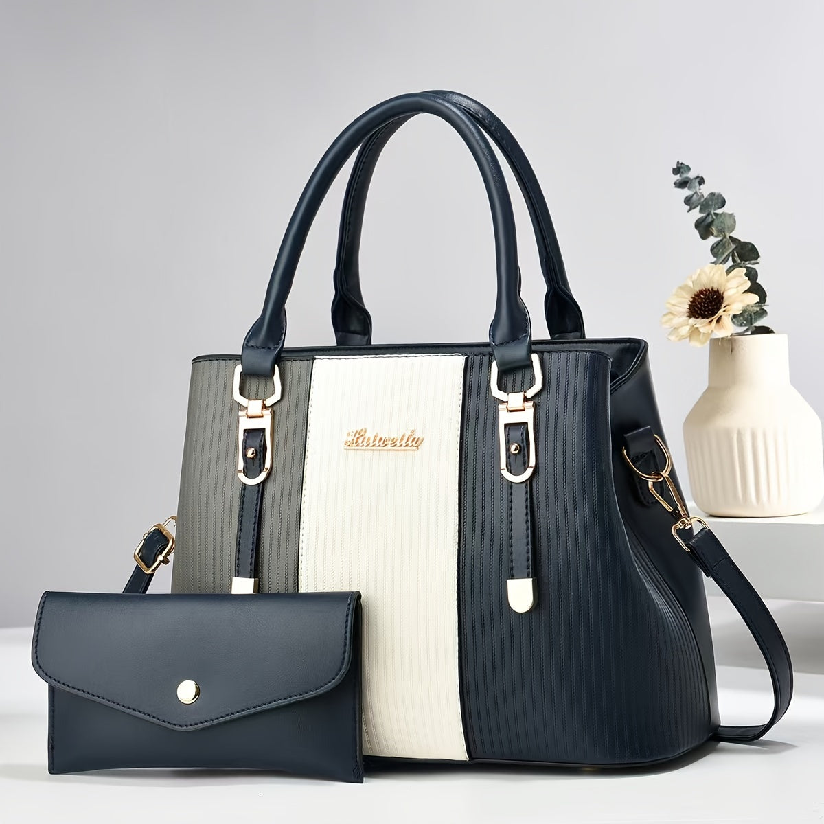 Stylish Colorblock Chic Tote Bag - Fashionable Shoulder & Crossbody Handbag with Detachable Strap, Zip Closure, Polyester Lined Interior, and Spacious Compartments for Organization - For Women - Perfect for Work, Shopping, Tr