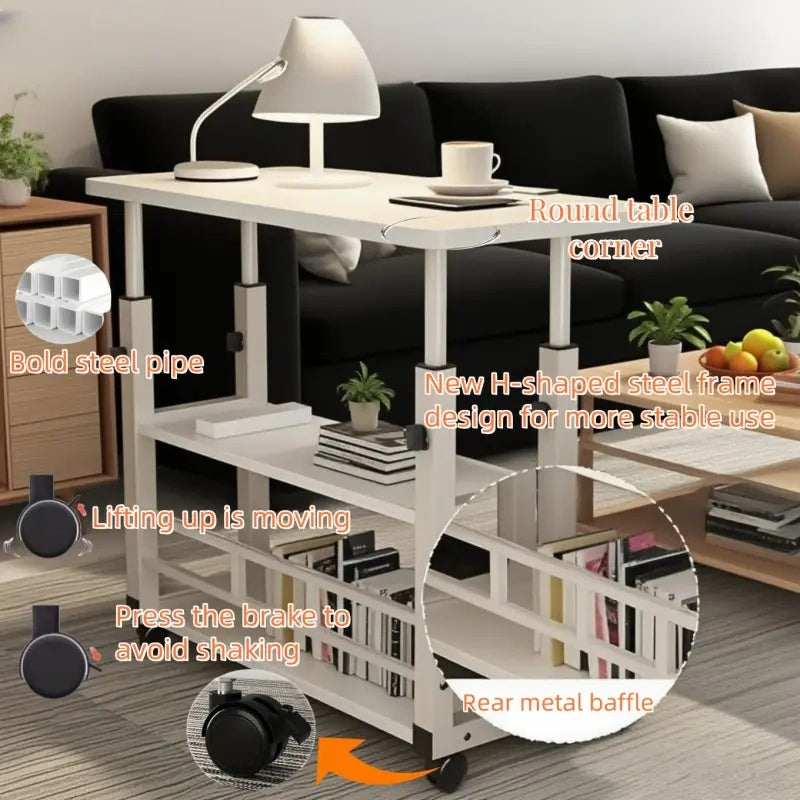 Height-Adjustable Mobile Table with Lockable Wheels, Reinforced Frame Folding Side Table, Black And White Handmade Art Workstation, Small Space Storage Table for Bedroom, Living Room, Or Study, Ideal Gift for Crafters, Artist