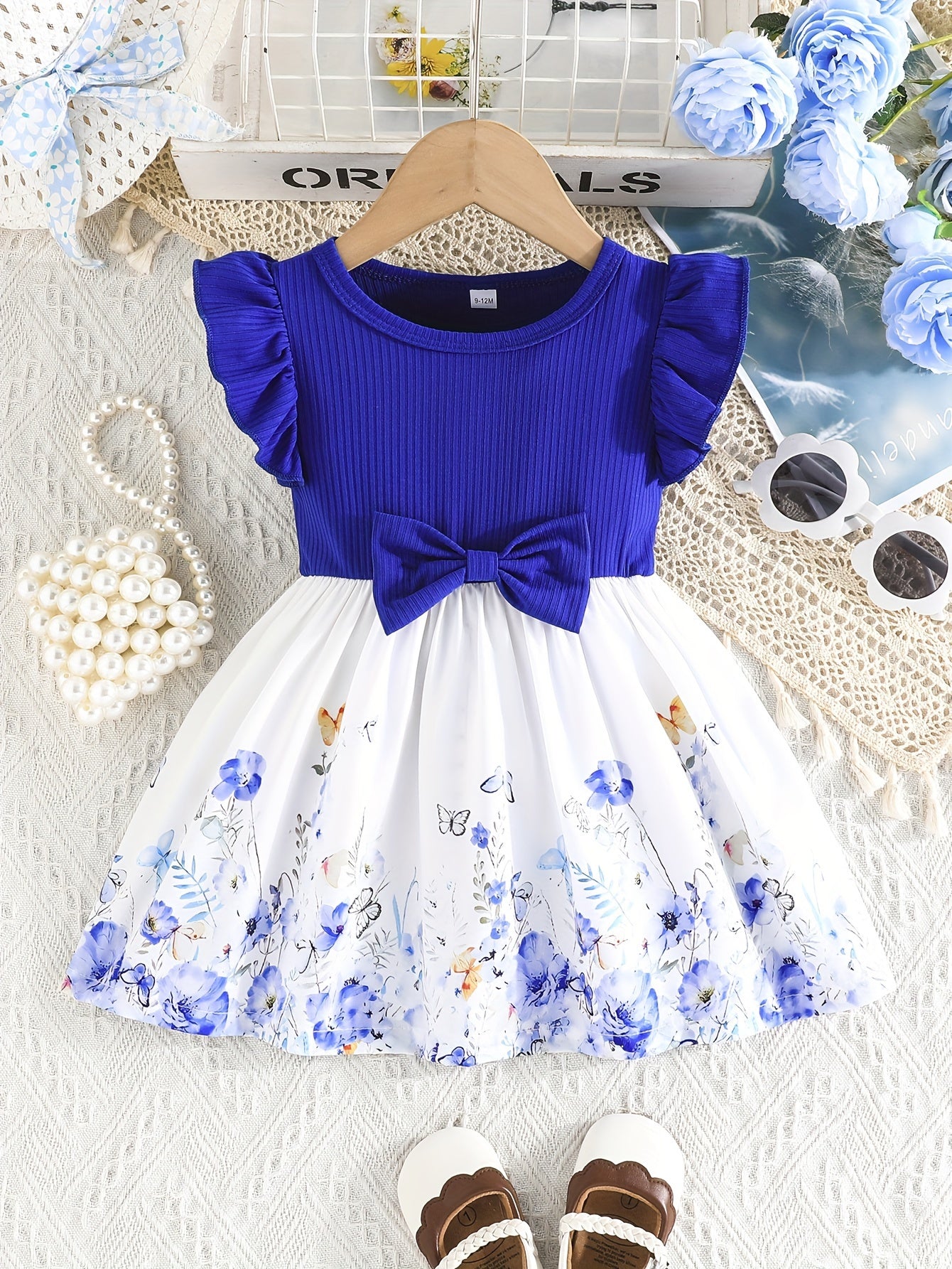 's Floral Print Summer Dress with Ruffled Short Sleeves & A-Line Silhouette - Pink & White Flower Skirt, Machine Washable Lightweight Playwear for Birthdays, Garden Parties, Everyday Outfits