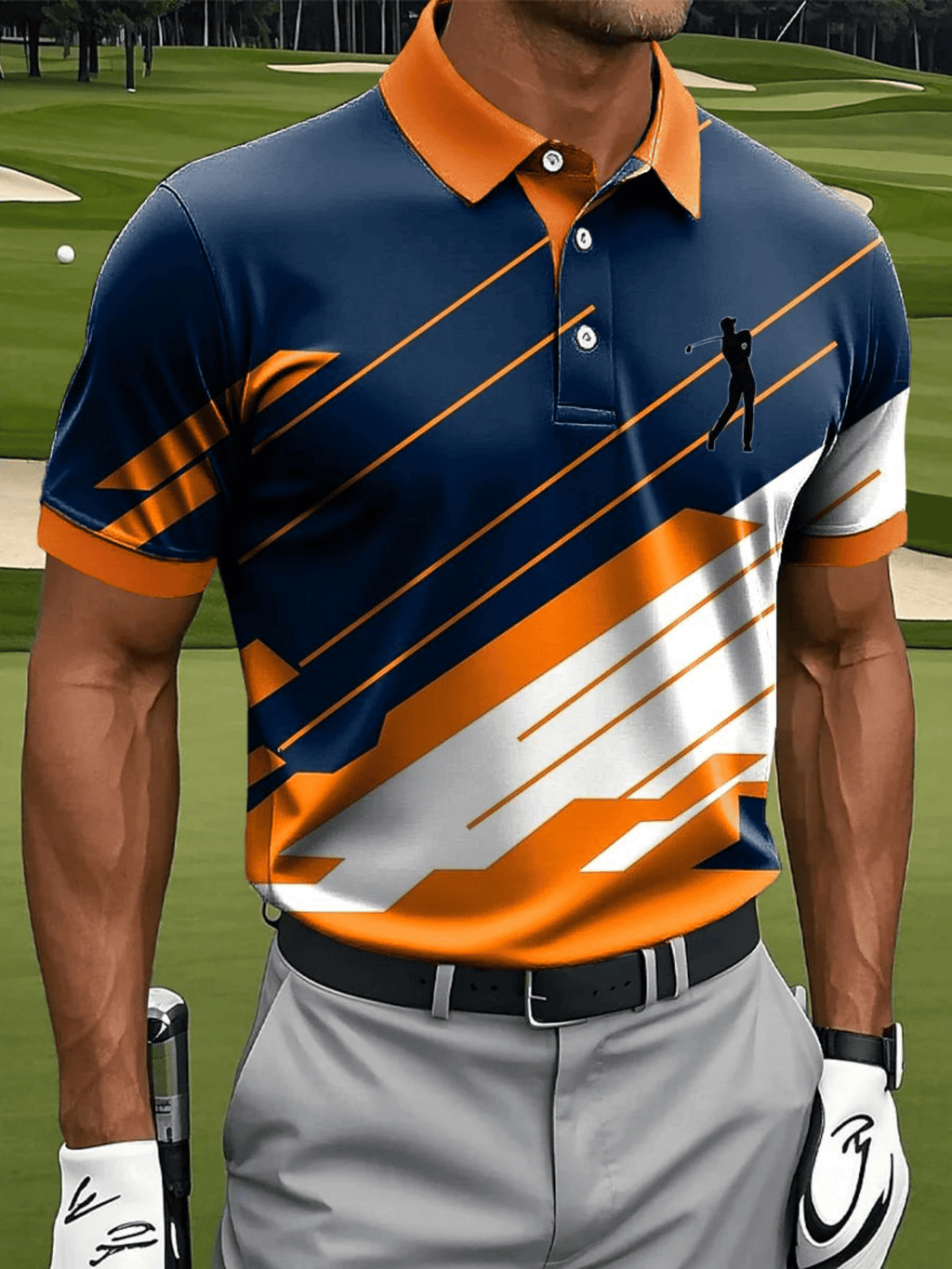Men's Casual Sports Short-sleeve with Contrast Stripes and Golf Pattern Prints, Made of Polyester Fabric That Is Machine Washable. It Features a Breathable Regular Fit, Suitable for Everyday Casual Sports Wear.
