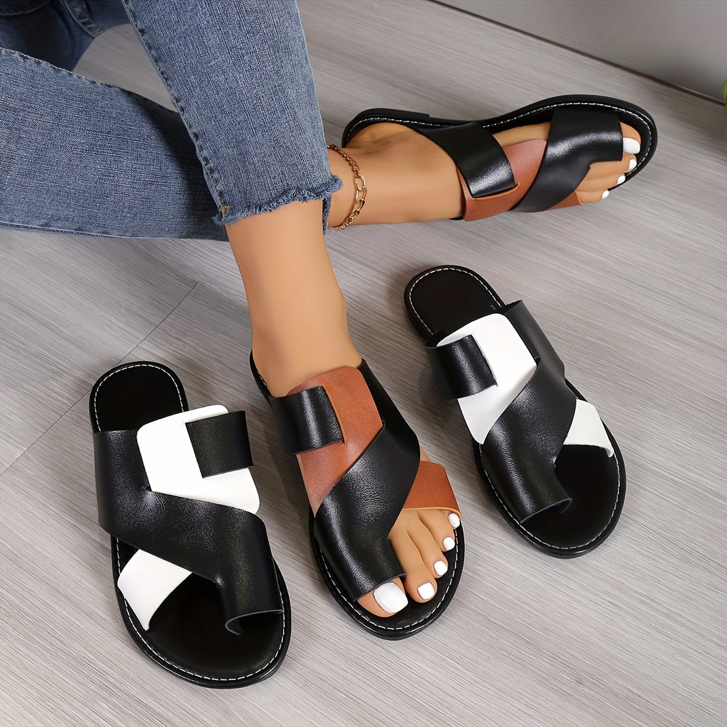 Women's Summer Casual Slip-On Sandals - Crisscross Strap Flat Sole Open-Toe Beach Shoes in Black & Brown PU Cover, Comfortable Breathable for Outdoor Walking & Summer Outfits, Summer Shoes | Open Toe Footwear | Pu Cover Sanda