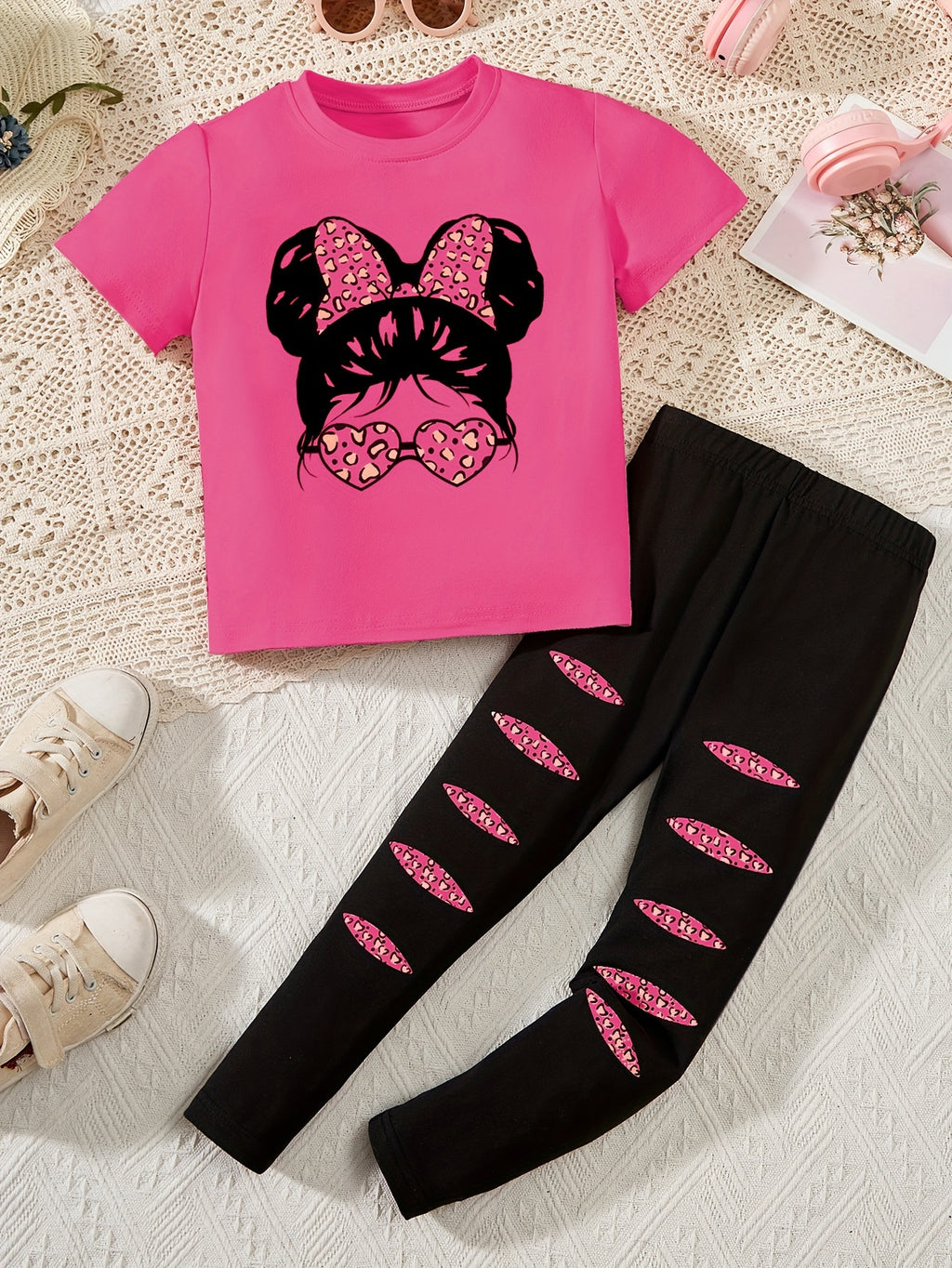 2pcs Cartoon Girl Graphic Outfits Girls Comfy Pullover + Pants Set For Outdoor