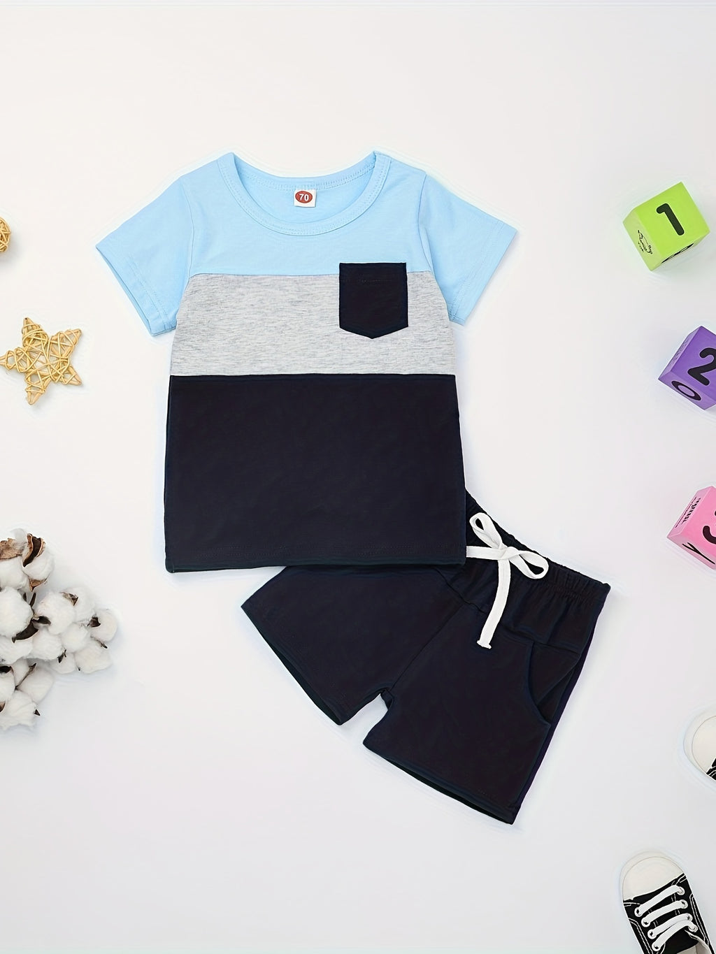 Baby Boy Clothes Toddler Boy Summer Outfits Short Sleeve Patchwork Top T-shirt & Pocket Pant Set 2 Piece 12 Months-4T