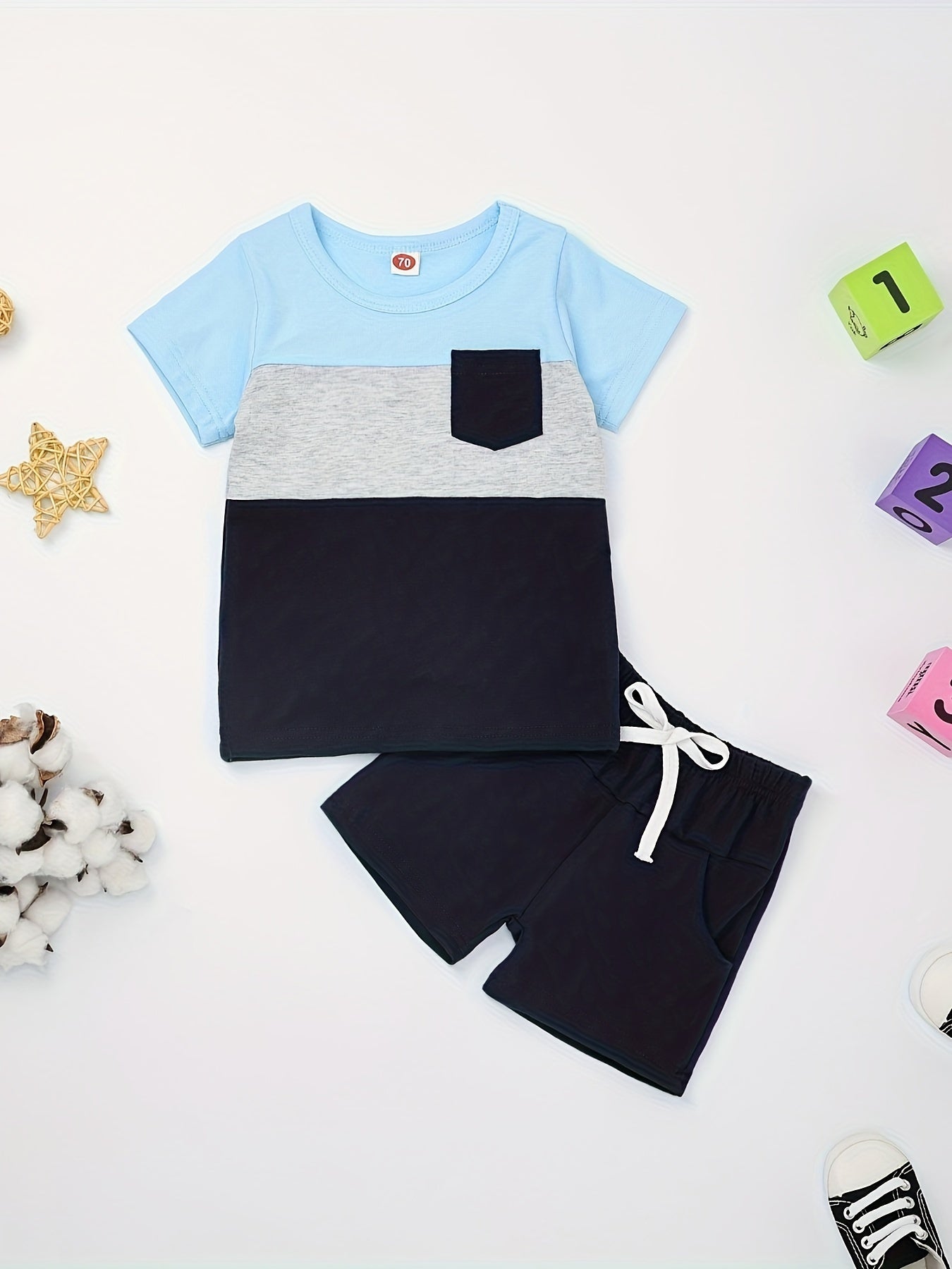 Baby Boy Clothes Toddler Boy Summer Outfits Short Sleeve Patchwork Top T-shirt & Pocket Pant Set 2 Piece 12 Months-4T
