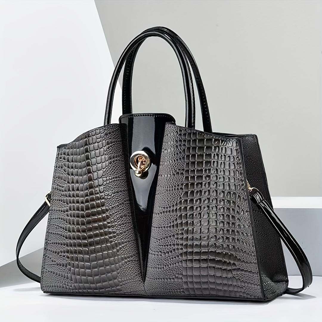 Large Capacity Crocodile Pattern Tote Bag, Luxury & Elegant Style PU Leather Handbag For Daily Outfits