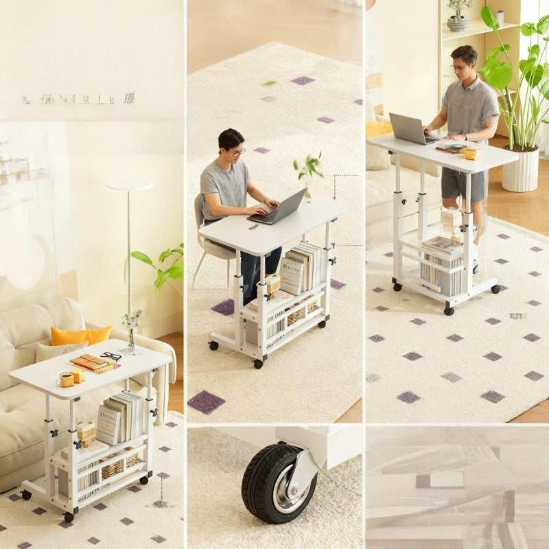 Height-Adjustable Mobile Table with Lockable Wheels, Reinforced Frame Folding Side Table, Black And White Handmade Art Workstation, Small Space Storage Table for Bedroom, Living Room, Or Study, Ideal Gift for Crafters, Artist