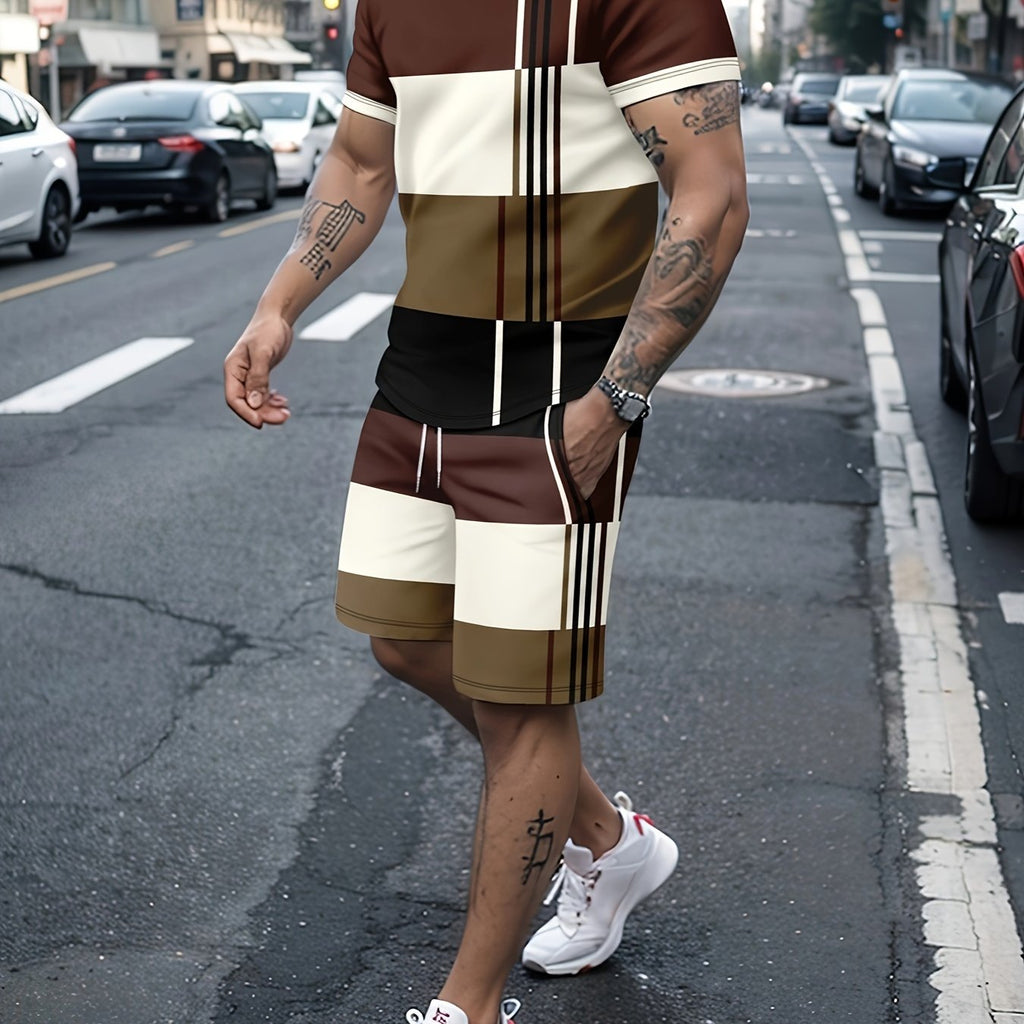 Men's Colorblock Heart Print 2Pcs Outfits, Short Sleeve T-shirt & Shorts Set For Summer
