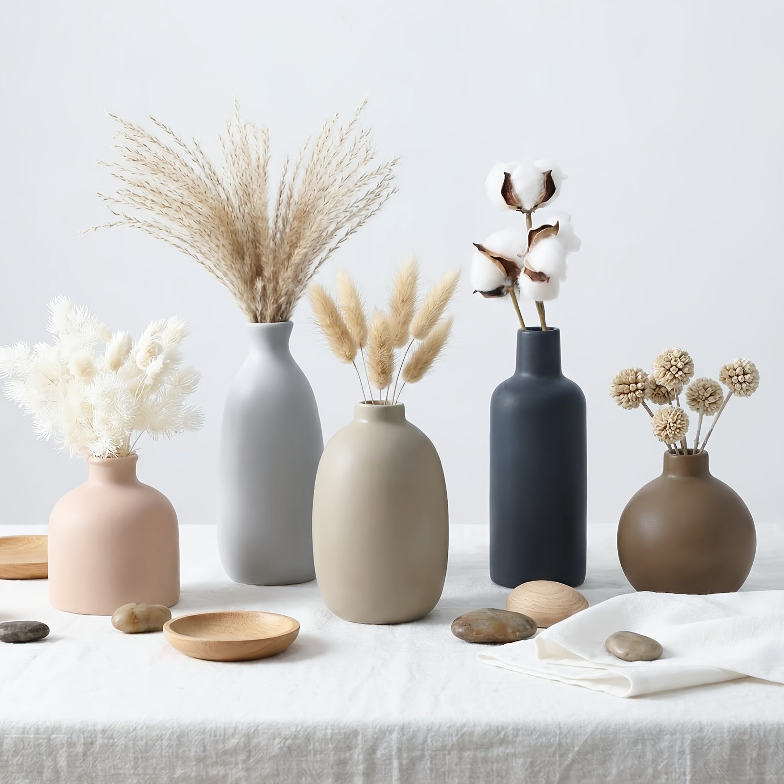 TOMNK 5pcs Suitable for Nordic Modern Boho Ceramic Vase Set - Matte Base Vases with Sturdy Footed, Minimalist Aesthetic Decorative Flower Holders for Shelf, Mantle, Entryway Table Decor, for Home Decorations (Ceramic)