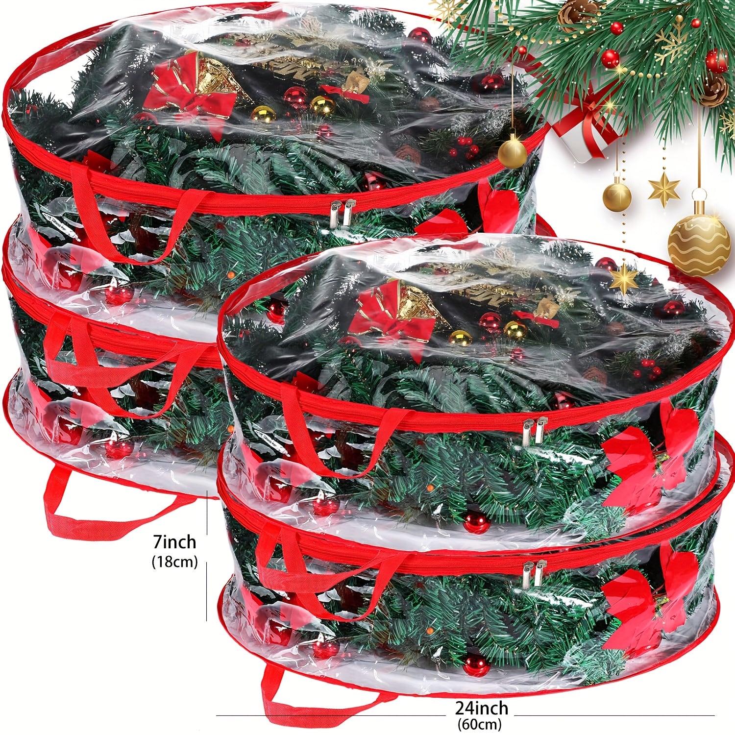 4pcs Transparent Wreath Storage Bag, 24 Inch/ 30 Inch Christmas Wreath Storage Containers, Heavy-duty PVC Garland Protector With Handle For Seasonal Christmas Wreaths Storage And Organization, Organizer Supplies Winter Christ