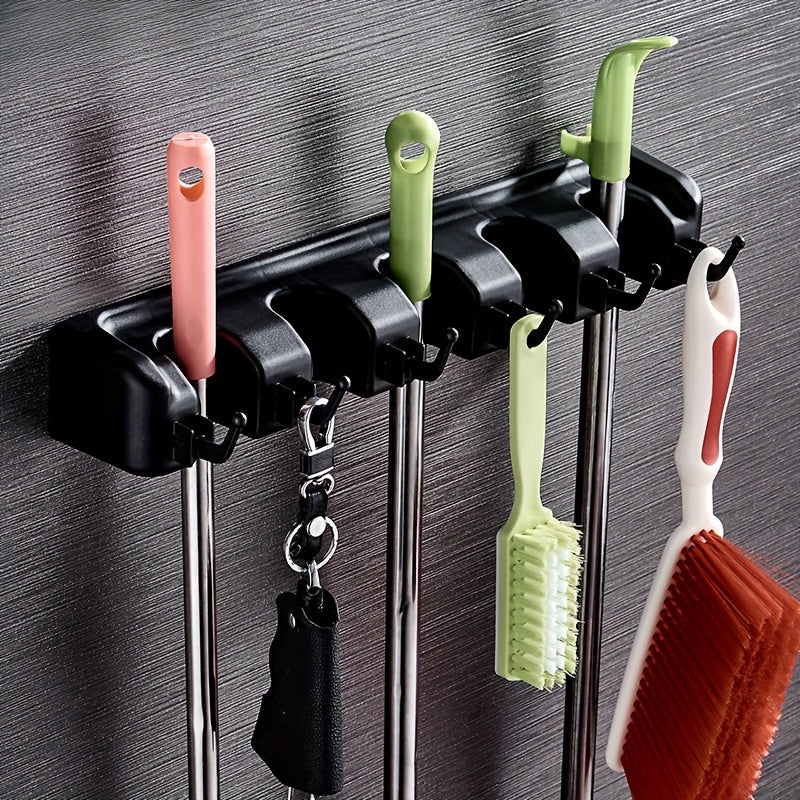 Wall Mounted Broom & Tool Organizer | 5 Slots 6 Hooks Storage Rack
