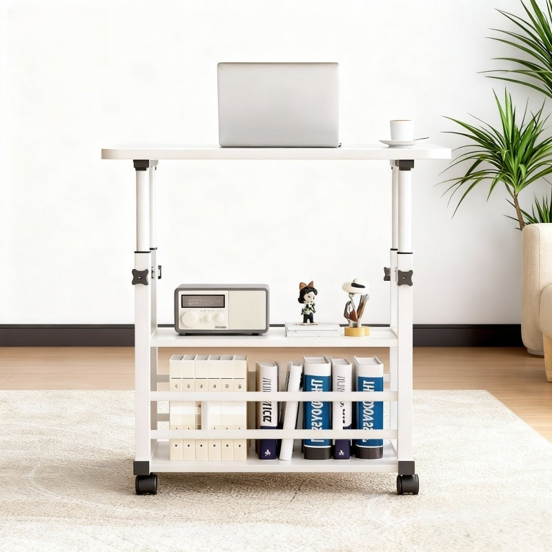 Height-Adjustable Mobile Table with Lockable Wheels, Reinforced Frame Folding Side Table, Black And White Handmade Art Workstation, Small Space Storage Table for Bedroom, Living Room, Or Study, Ideal Gift for Crafters, Artist