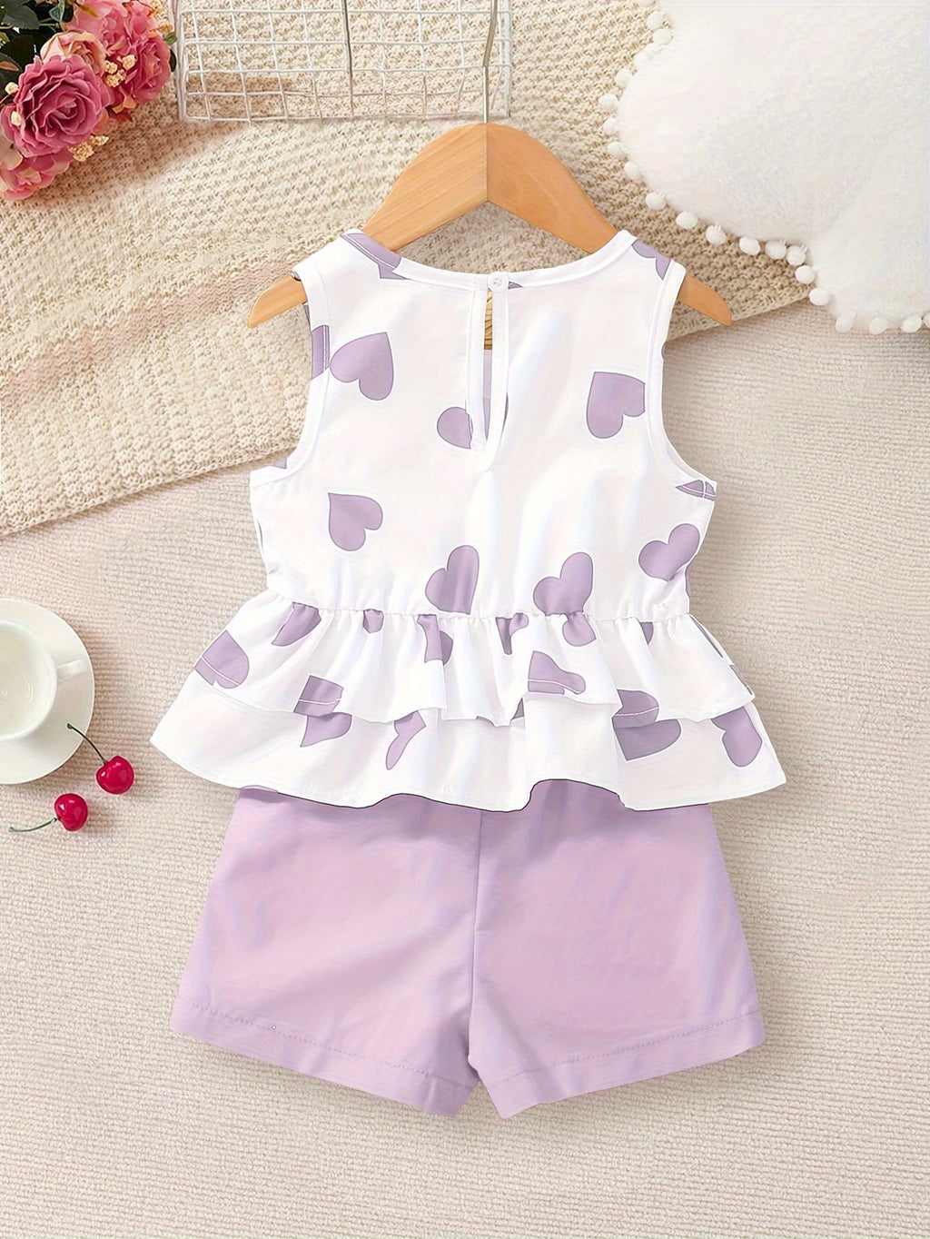 2-Piece Purple Heart Tank Top + Shorts Set Girl's Holiday Leisure Summer Outdoor Outfits Gift