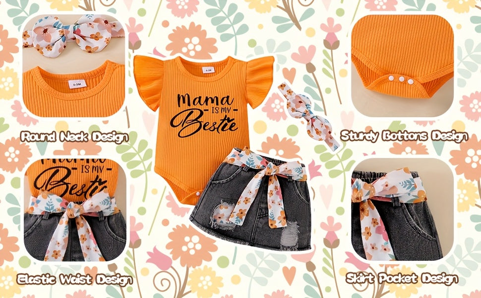 Baby Girl Clothes Newborn Romper Ruffle Sleeve Short Jeans Skirt With Headband Infant Outfits Set 0-18 Months, for Outdoor