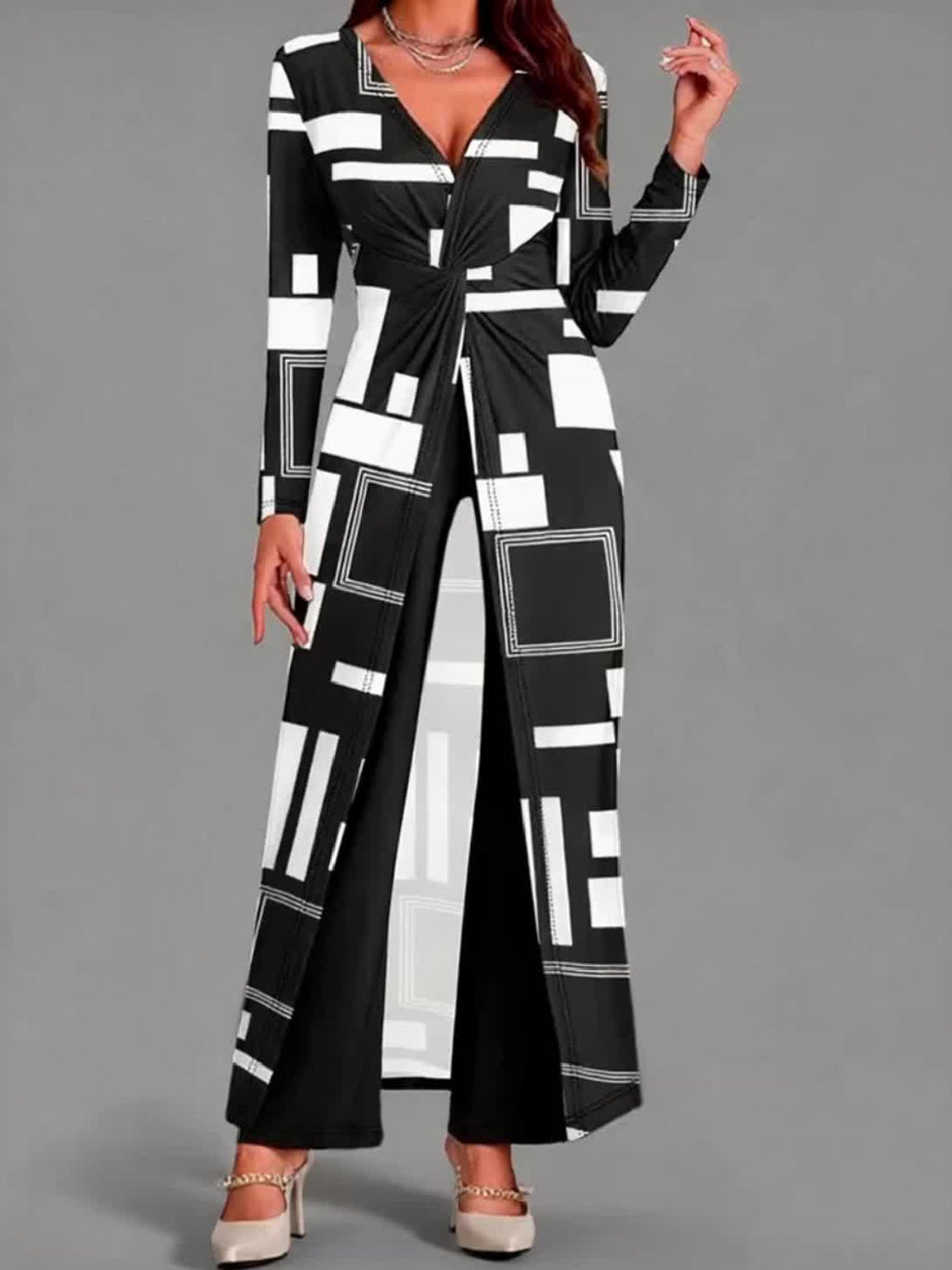 Fall & Winter Elegant Twist Front Pants Set - Women's Pantsuits with V-Neck Split Long Sleeves Shirts & Straight Leg Pant, Chic Two-pcs Set Clothing for Ladies, Elegant Two Piece Sets for Women, 2 Sets Women Outfits, Women Tw