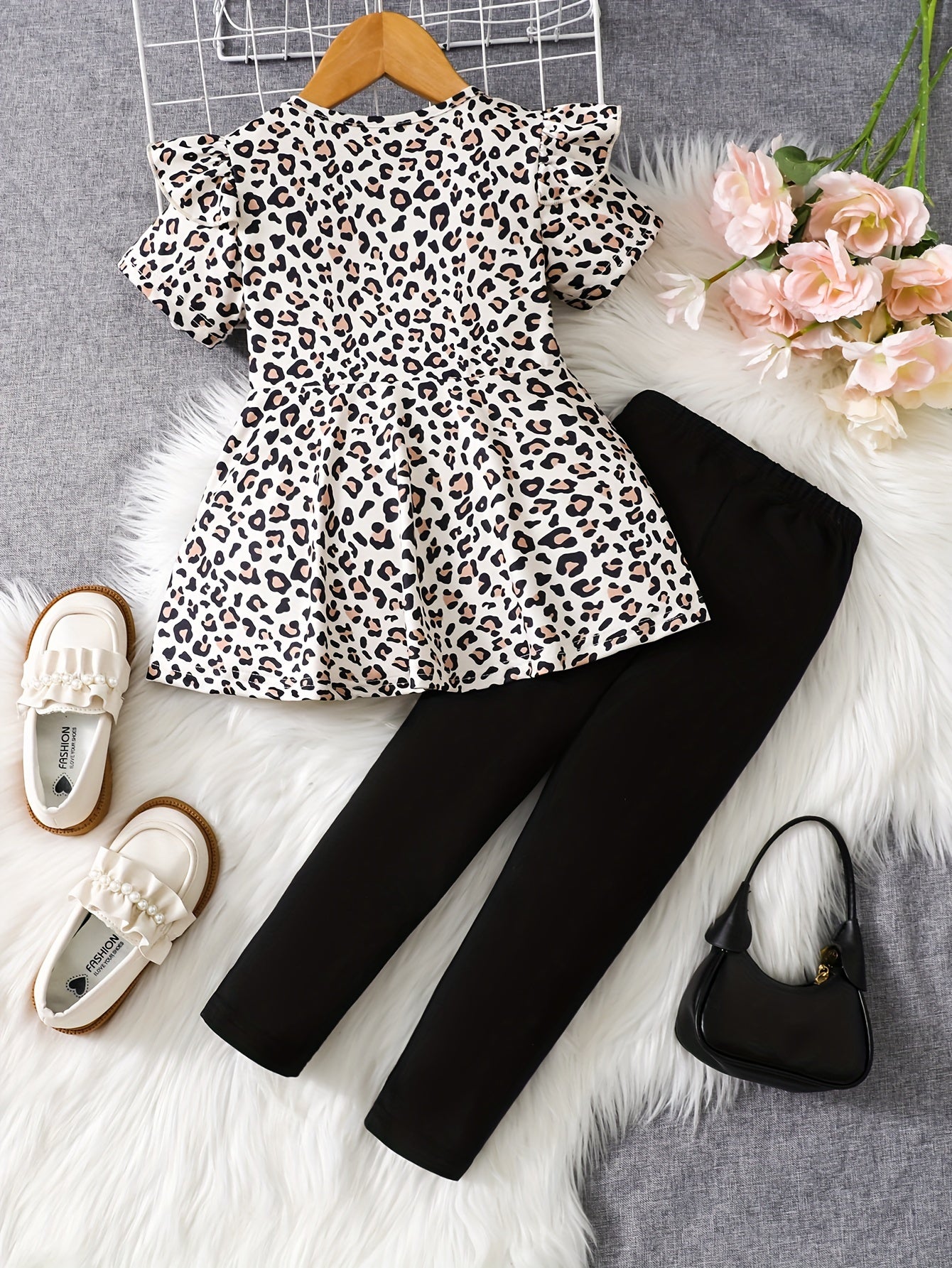 Toddler Girls 2pcs Leopard Print Outfits Flutter Trim Short Sleeve Top + Pants Set Summer Party Gift