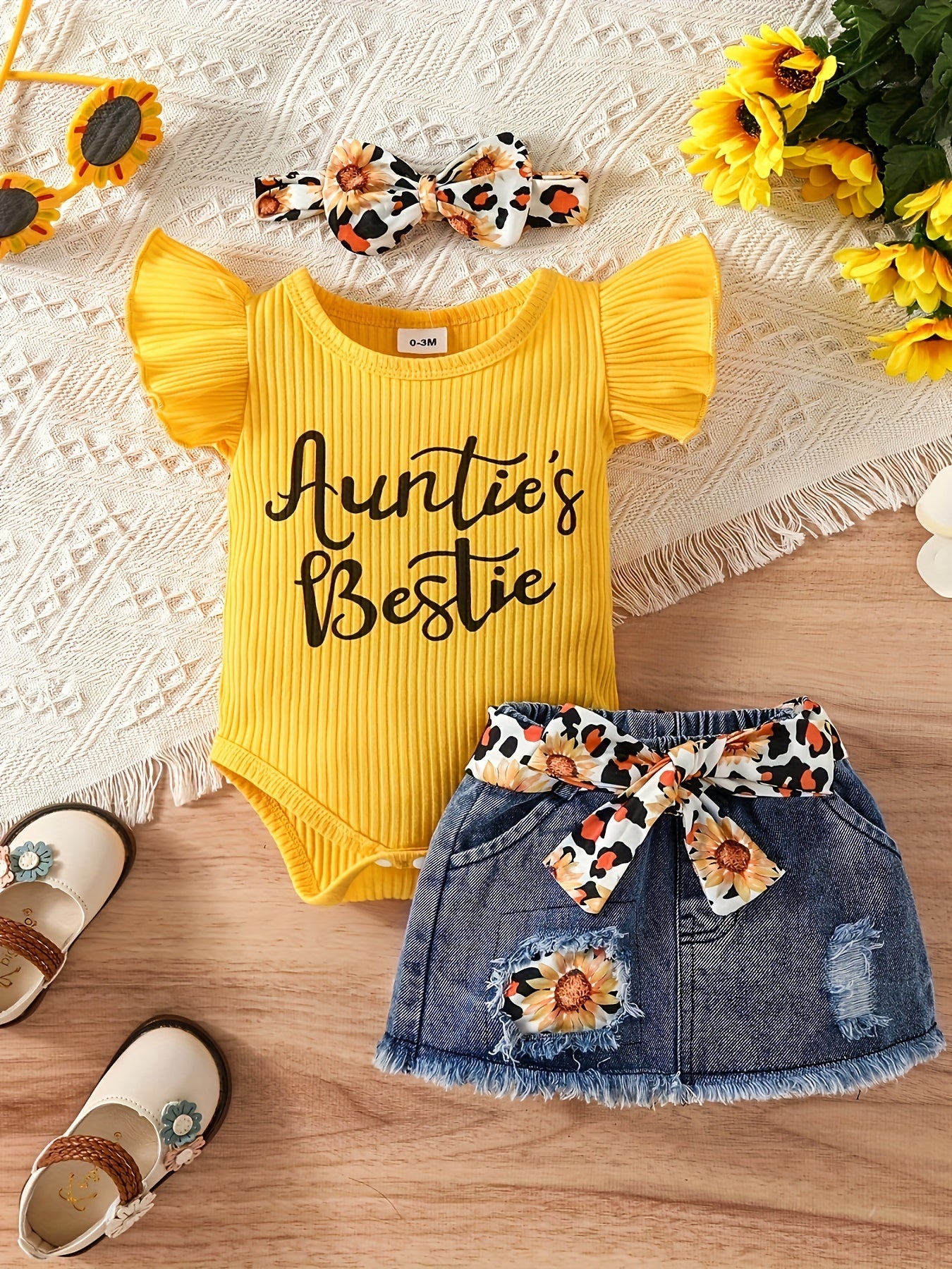 Baby Girl Clothes Newborn Romper Ruffle Sleeve Short Jeans Skirt With Headband Infant Outfits Set 0-18 Months, for Outdoor