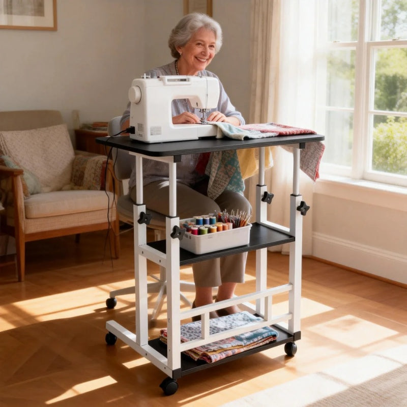 Height-Adjustable Mobile Table with Lockable Wheels, Reinforced Frame Folding Side Table, Black And White Handmade Art Workstation, Small Space Storage Table for Bedroom, Living Room, Or Study, Ideal Gift for Crafters, Artist