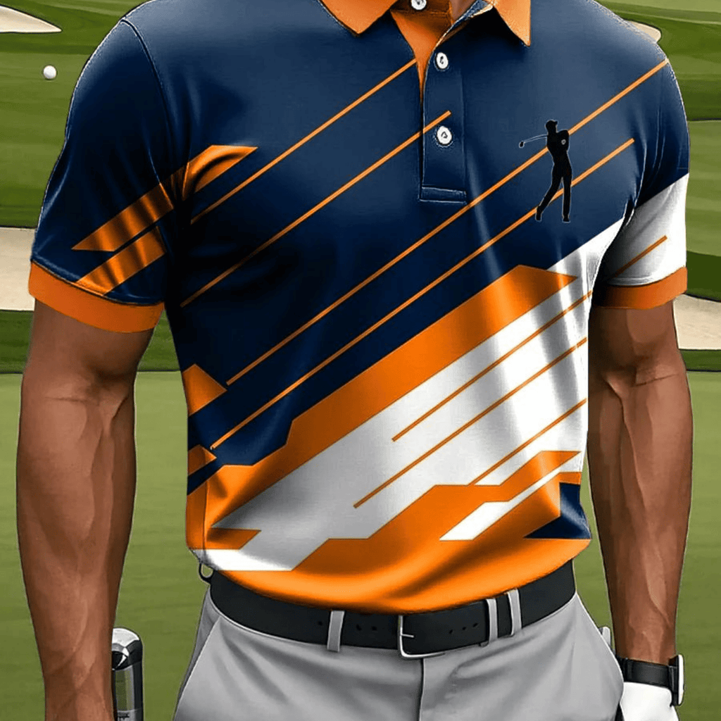 Men's Casual Sports Short-sleeve with Contrast Stripes and Golf Pattern Prints, Made of Polyester Fabric That Is Machine Washable. It Features a Breathable Regular Fit, Suitable for Everyday Casual Sports Wear.