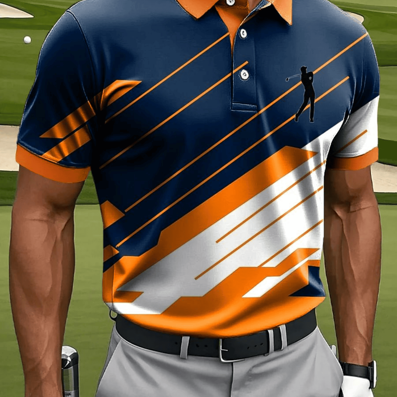 Men's Casual Sports Short-sleeve with Contrast Stripes and Golf Pattern Prints, Made of Polyester Fabric That Is Machine Washable. It Features a Breathable Regular Fit, Suitable for Everyday Casual Sports Wear.